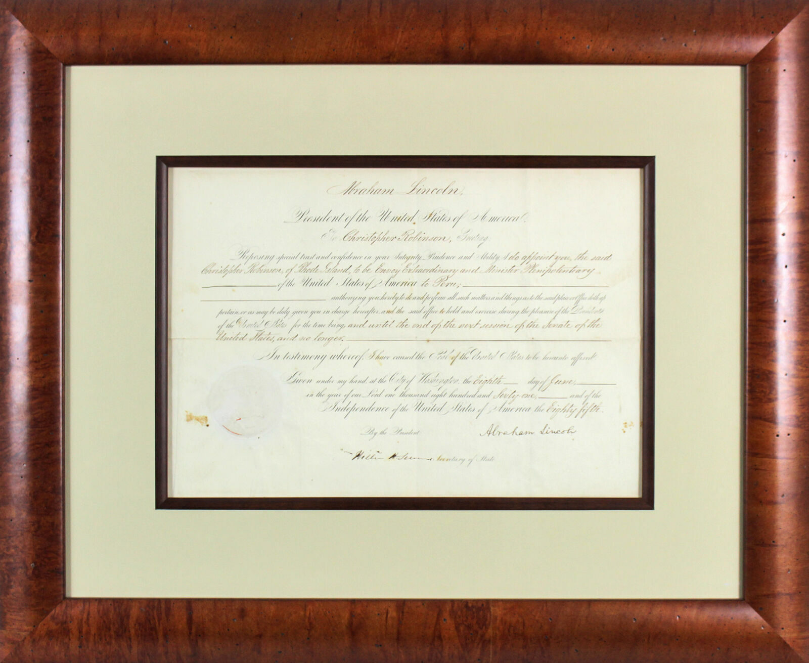 1861 Abraham Lincoln Signed Ambassador Appointment Beckett Graded 10 Autograph