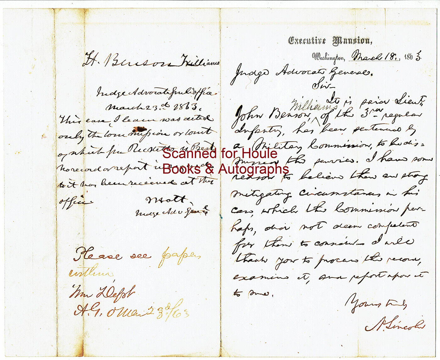 ABRAHAM LINCOLN - LETTER - SIGNED - 1863 - COURT-MARTIAL - WEST POINT CADET