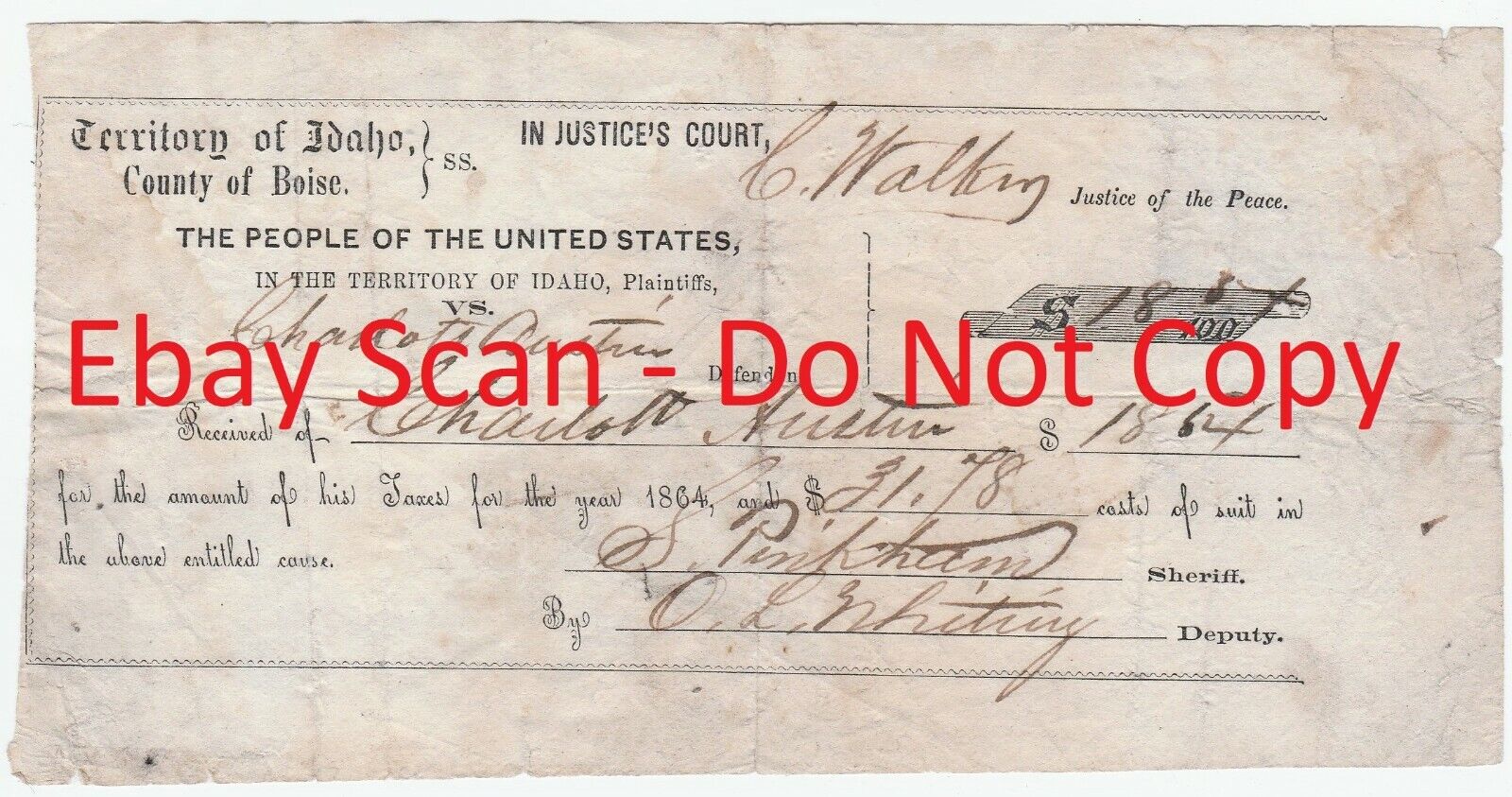 RARE Document Signed Murdered Sheriff Sumner Pinkham 1864 Boise Idaho Territory 