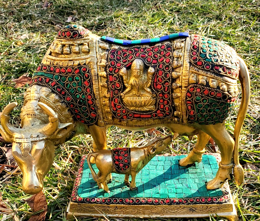 Brass Kamadhenu 11 in Cow Calf Statue with Stonework, Brass Kamdhenu Cow Brass Kamadhenu 11 in Cow Calf Statue with Stonework, Brass Kamdhenu Cow