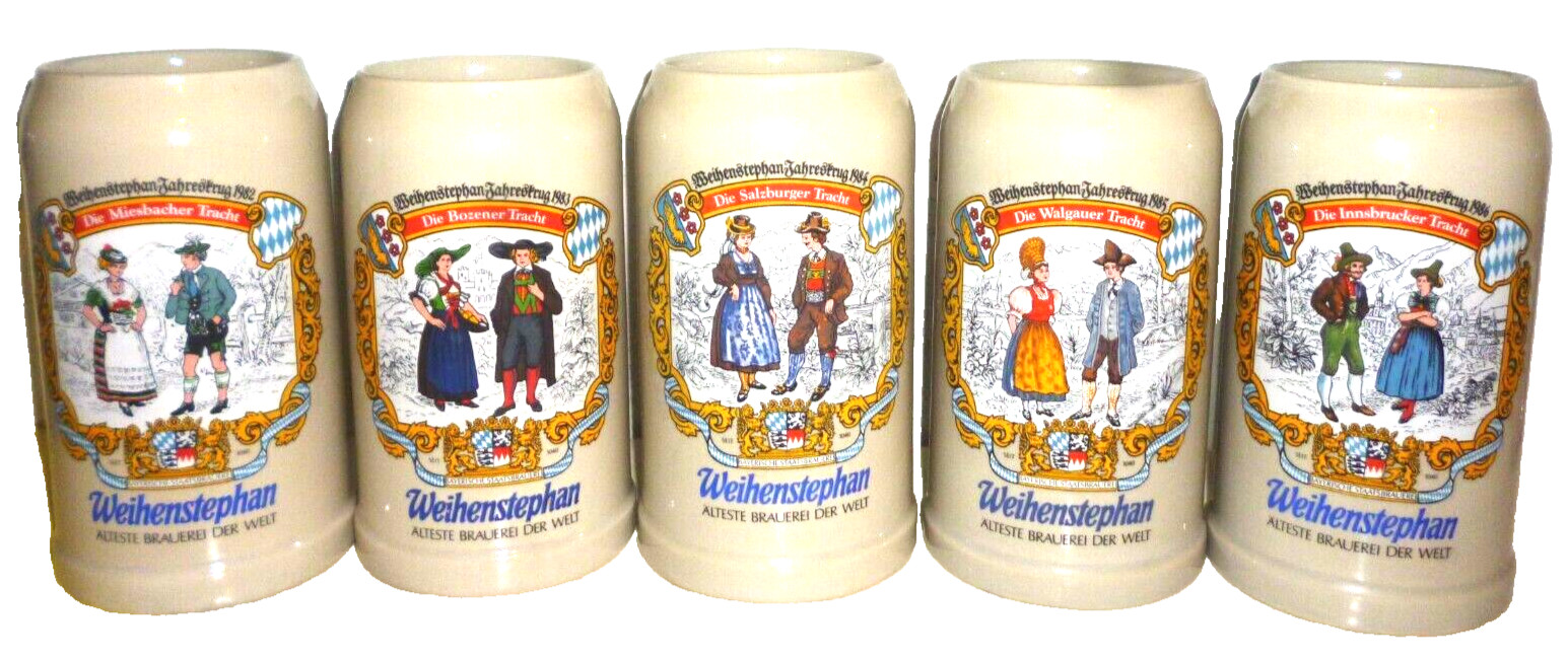 5 x 1980s Weihenstephan Freising Jahreskrug Trachten Masskrug German Beer Steins