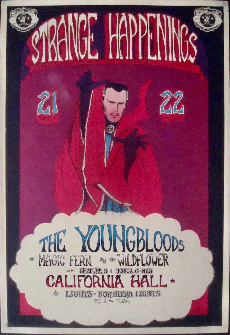 YOUNGBLOODS DR. STRANGE HAPPENINGS 1967 vintage concert posterl GREG IRONS 14x20 YOUNGBLOODS DR. STRANGE HAPPENINGS 1967 vintage concert posterl GREG IRONS 14x20