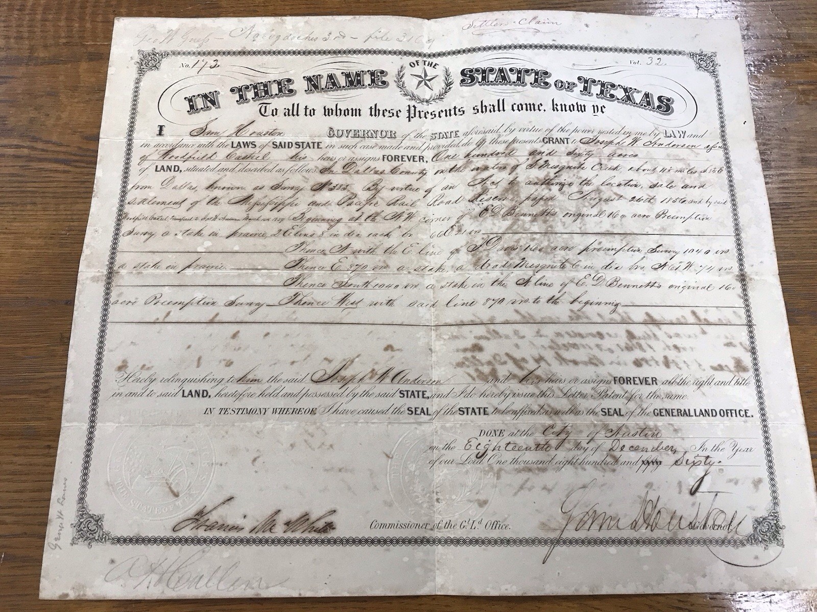 A&O-1856 Texas Sam Houston Land Grant Boarding Mississippi & Pacific Rail Road A&O-1856 Texas Sam Houston Land Grant Boarding Mississippi & Pacific Rail Road