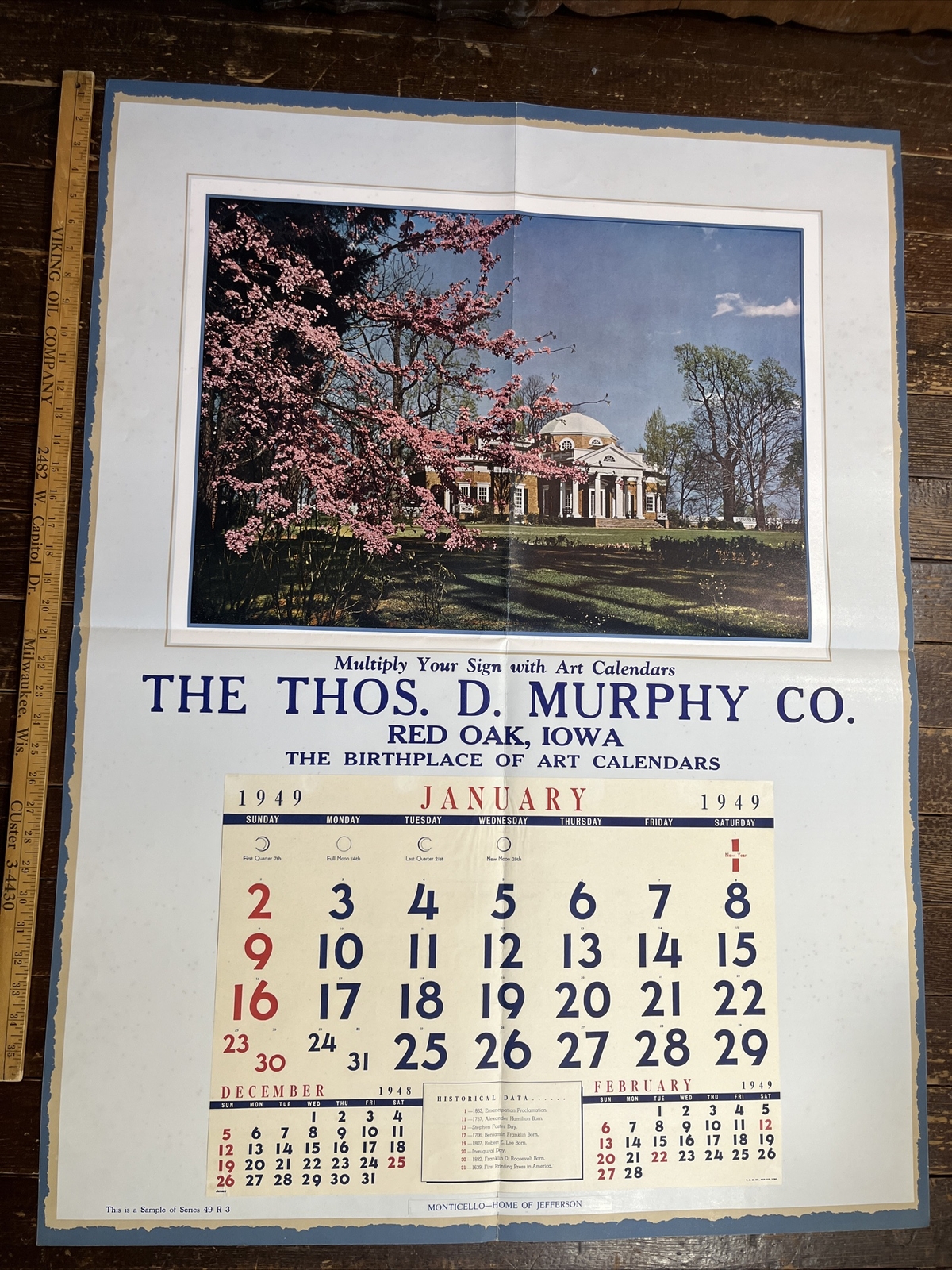 1949 Salesman Copy Calendar Monticello Home Of Jefferson Series 49R3 RARE VTG