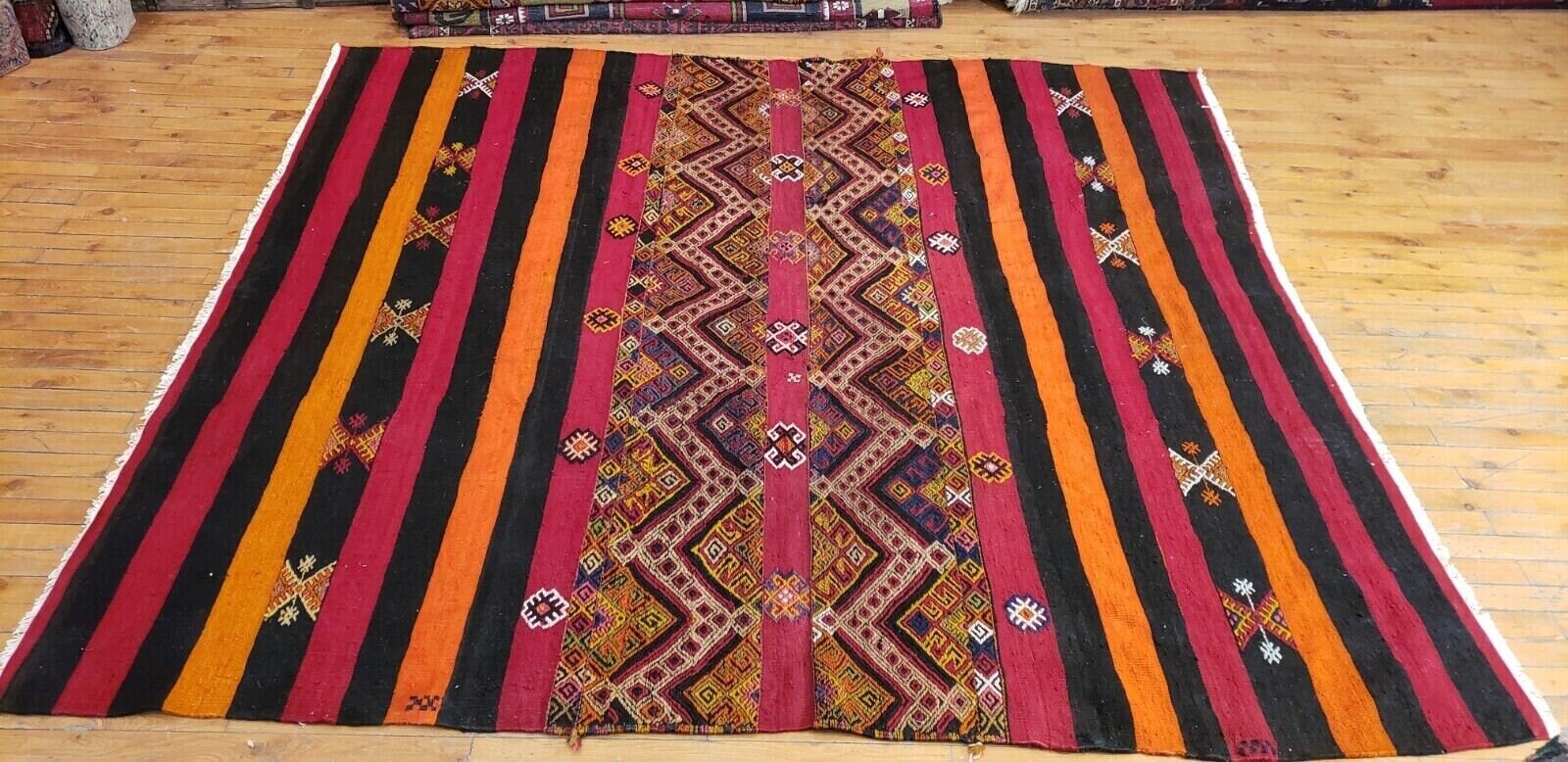 Pre-1900s Antique Embroidered Panels Camel Bag Rug 6'6 Pre-1900s Antique Embroidered Panels Camel Bag Rug 6'6