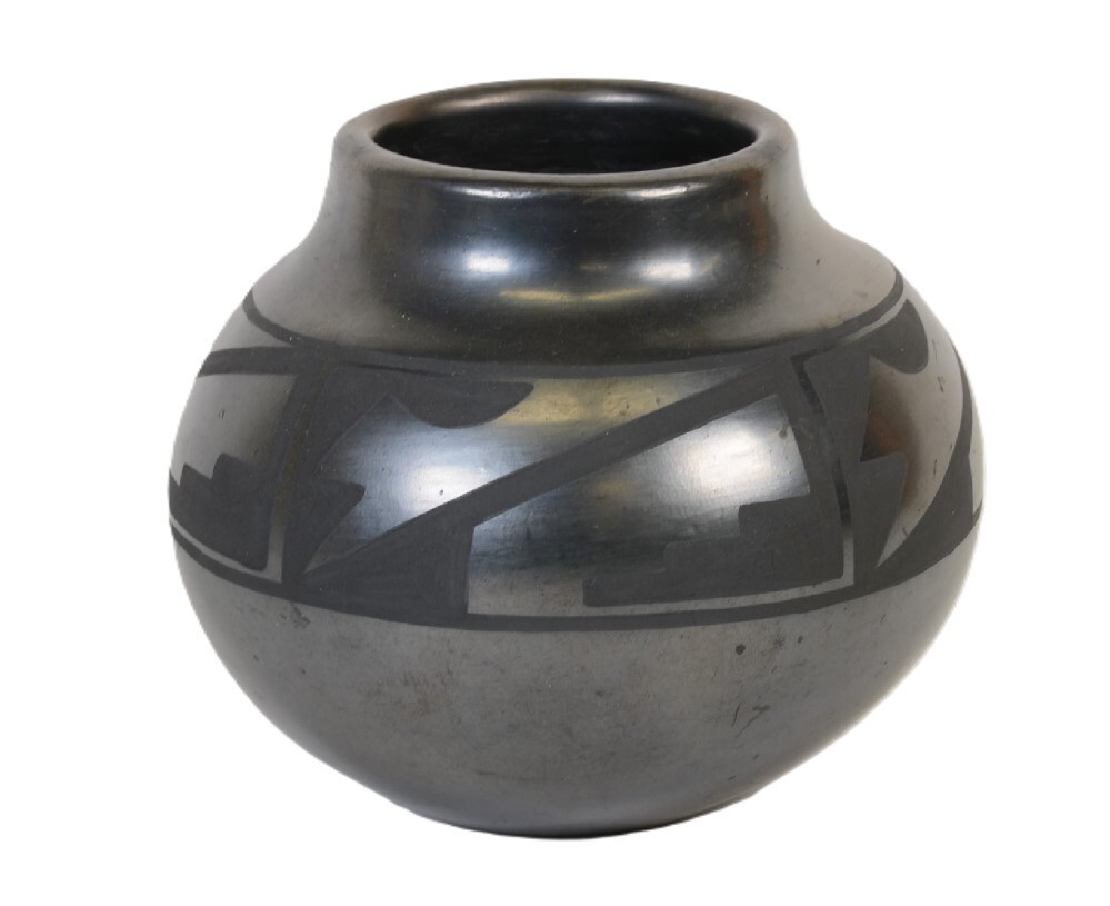 Gunmetal Geometric Black-on-Black Pottery Jar by Maria Martinez Gunmetal Geometric Black-on-Black Pottery Jar by Maria Martinez