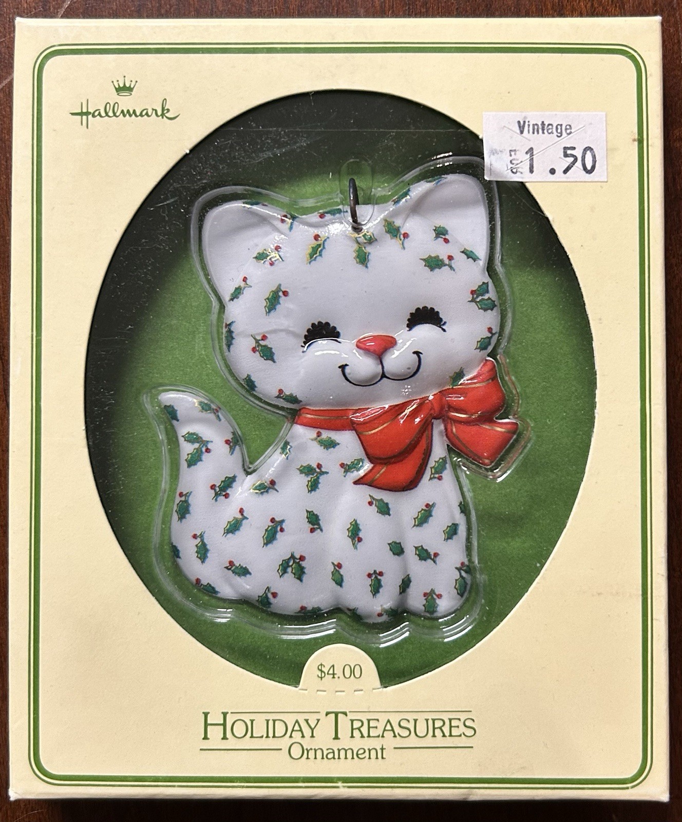 1980 Hallmark Christmas Kitten Kitty Test Ornament - Holly Calico - New In Box