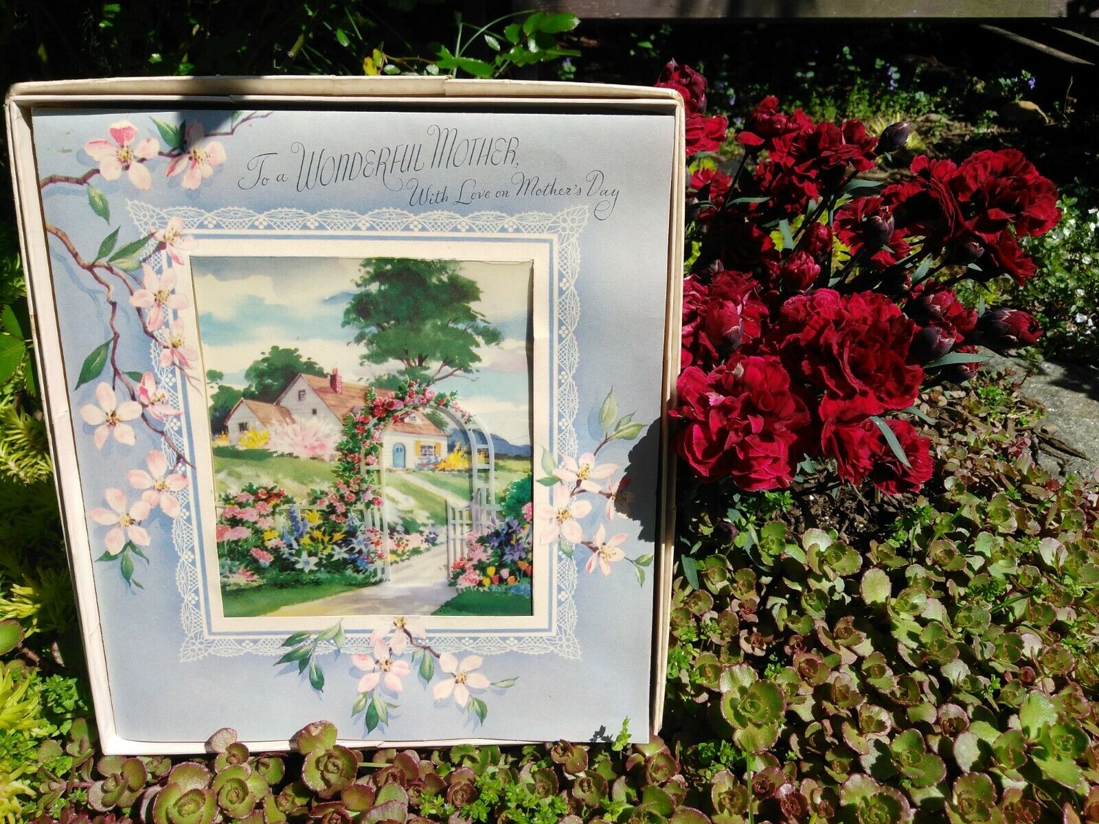 Cherry Blossom Trellis Vintage 1949 3D Rust Craft Mothers Day Greeting Card +Box
