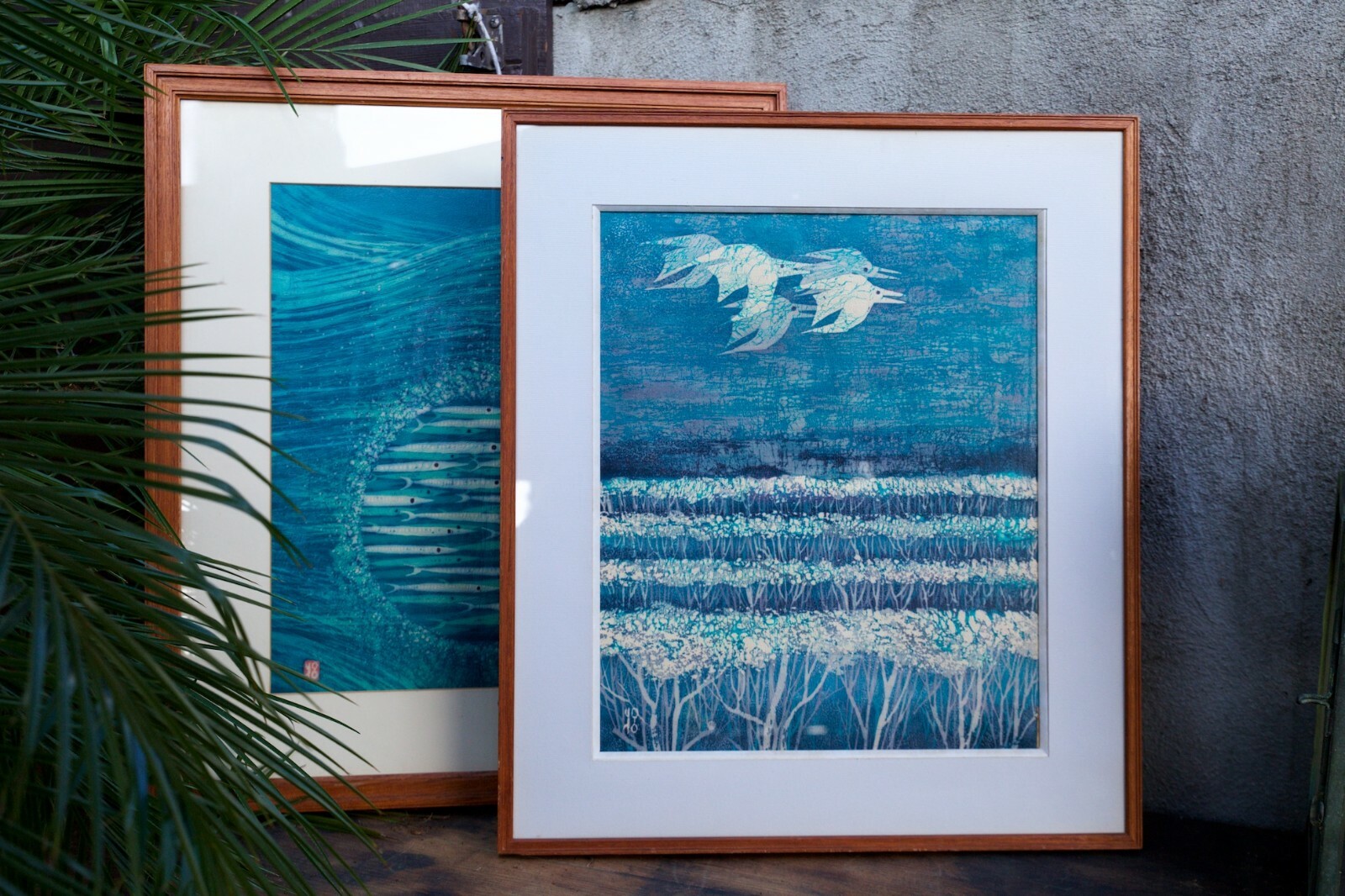 Set of Vintage Yoshitaka Kohrogi Japanese Batik Art Framed Artist Signed Set of Vintage Yoshitaka Kohrogi Japanese Batik Art Framed Artist Signed