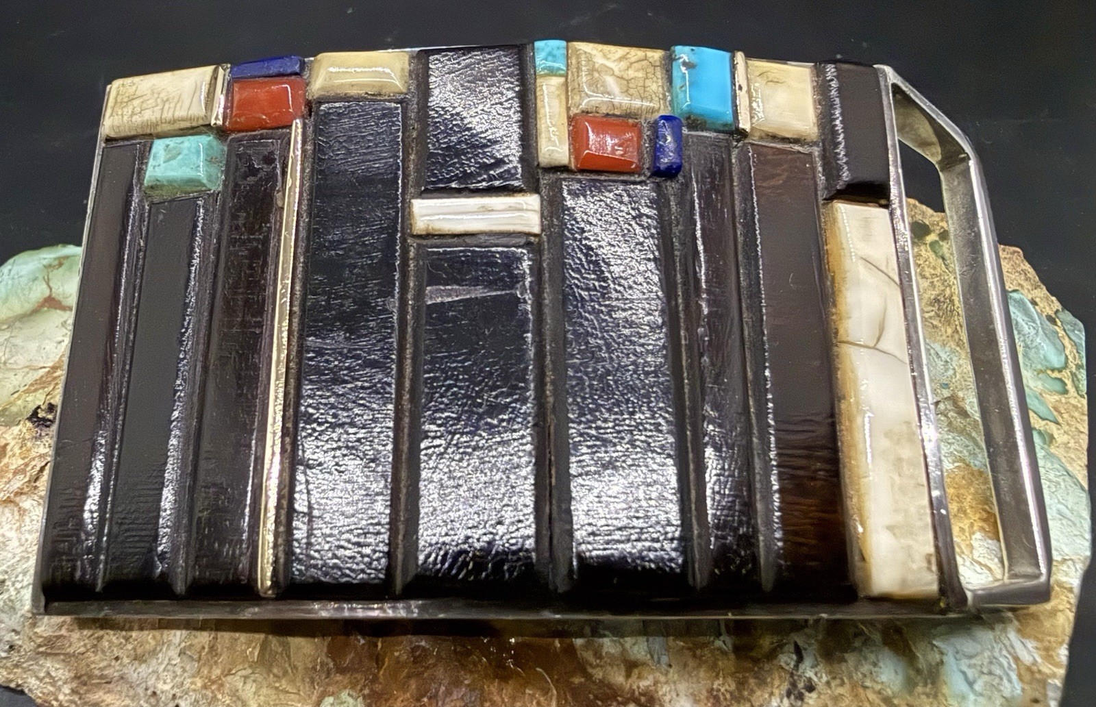 RARE Hopi CHARLES LOLOMA Sterling 14k Gold Multi Gemstone Inlay Belt Buckle SEE