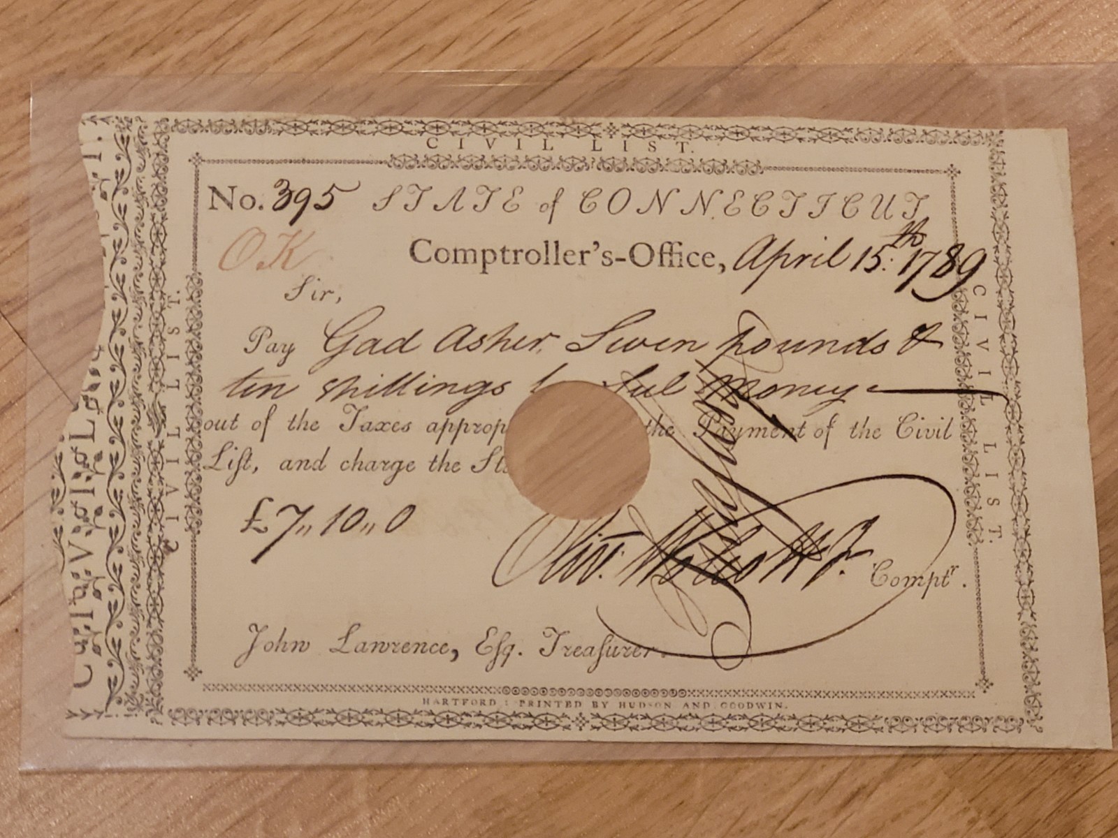 1789 CT Pay Order Gad Asher Black Revolutionary War Soldier Oliver Wolcott Sig 1789 CT Pay Order Gad Asher Black Revolutionary War Soldier Oliver Wolcott Sig