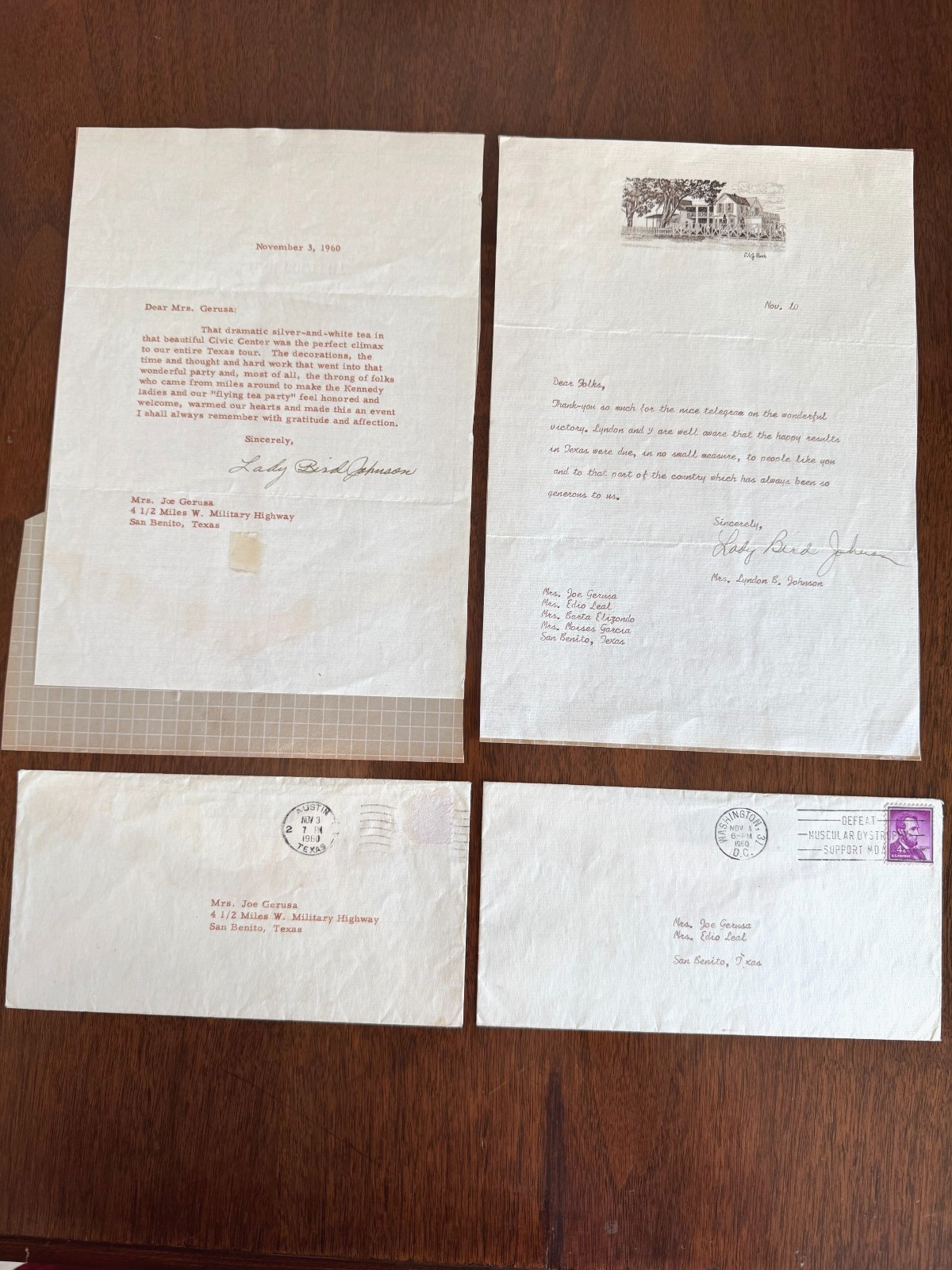 LADY BIRD JOHNSON JFK 1960 SIGNED LETTERS PRE & POST VICTORY ELECTION SET