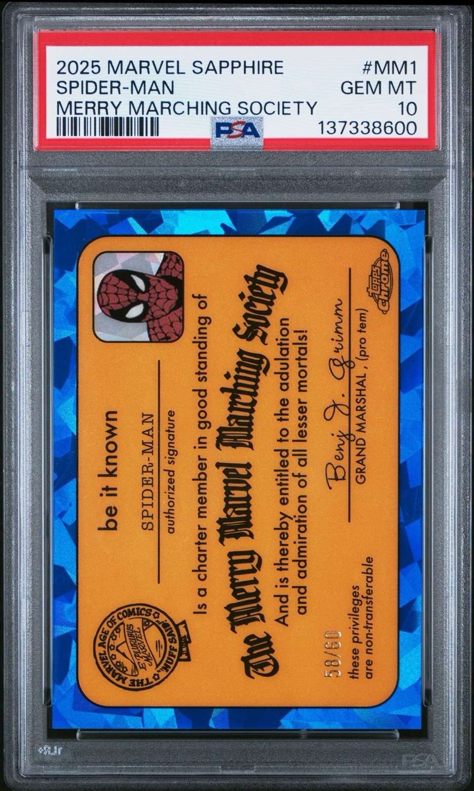 2025 Sapphire Spider-Man #58/60 PSA 10 POP 4 The Merry Marvel Marching Society 2025 Sapphire Spider-Man #58/60 PSA 10 POP 4 The Merry Marvel Marching Society