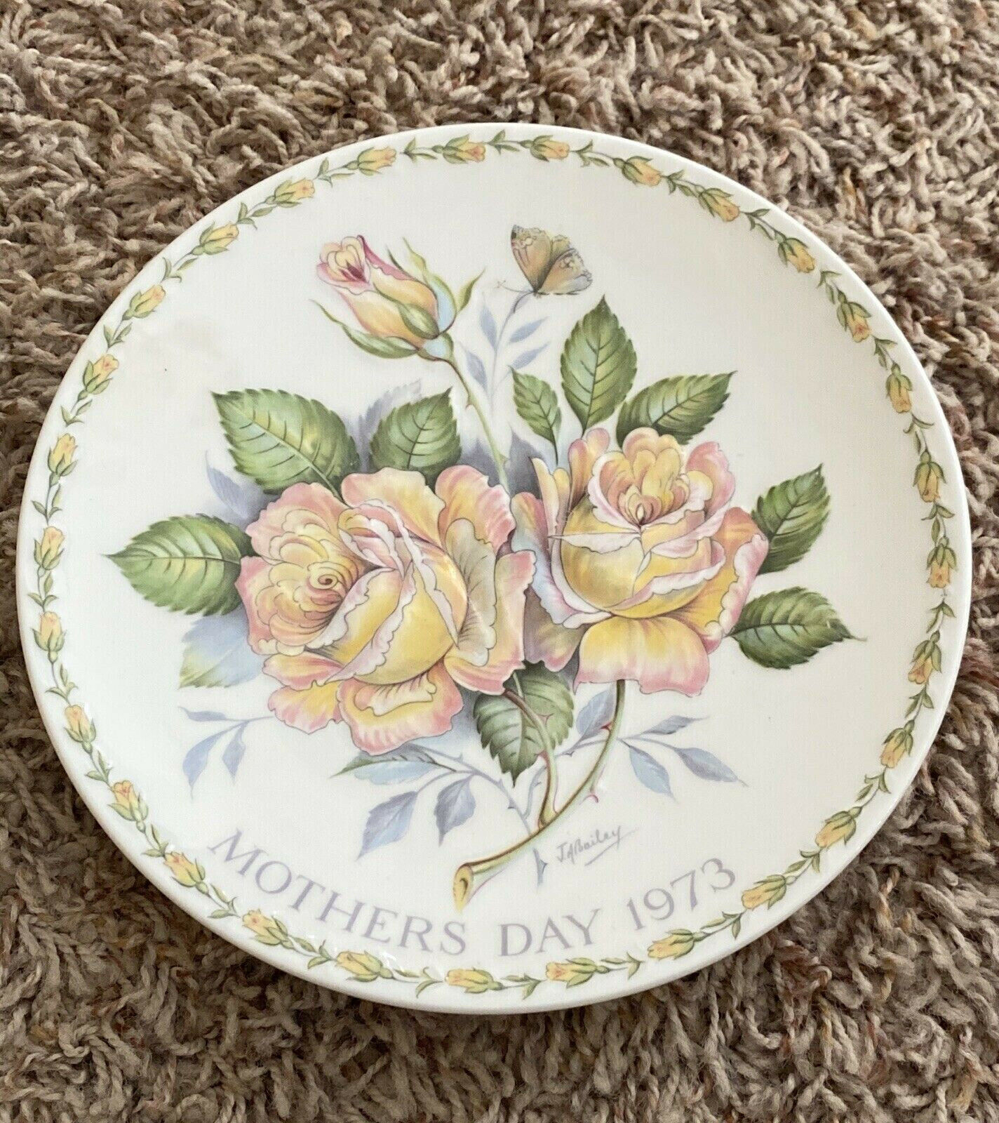Crown Staffordshire Plaque Peace Rose 1973 Mother's Day- Hand Crafted& Painted