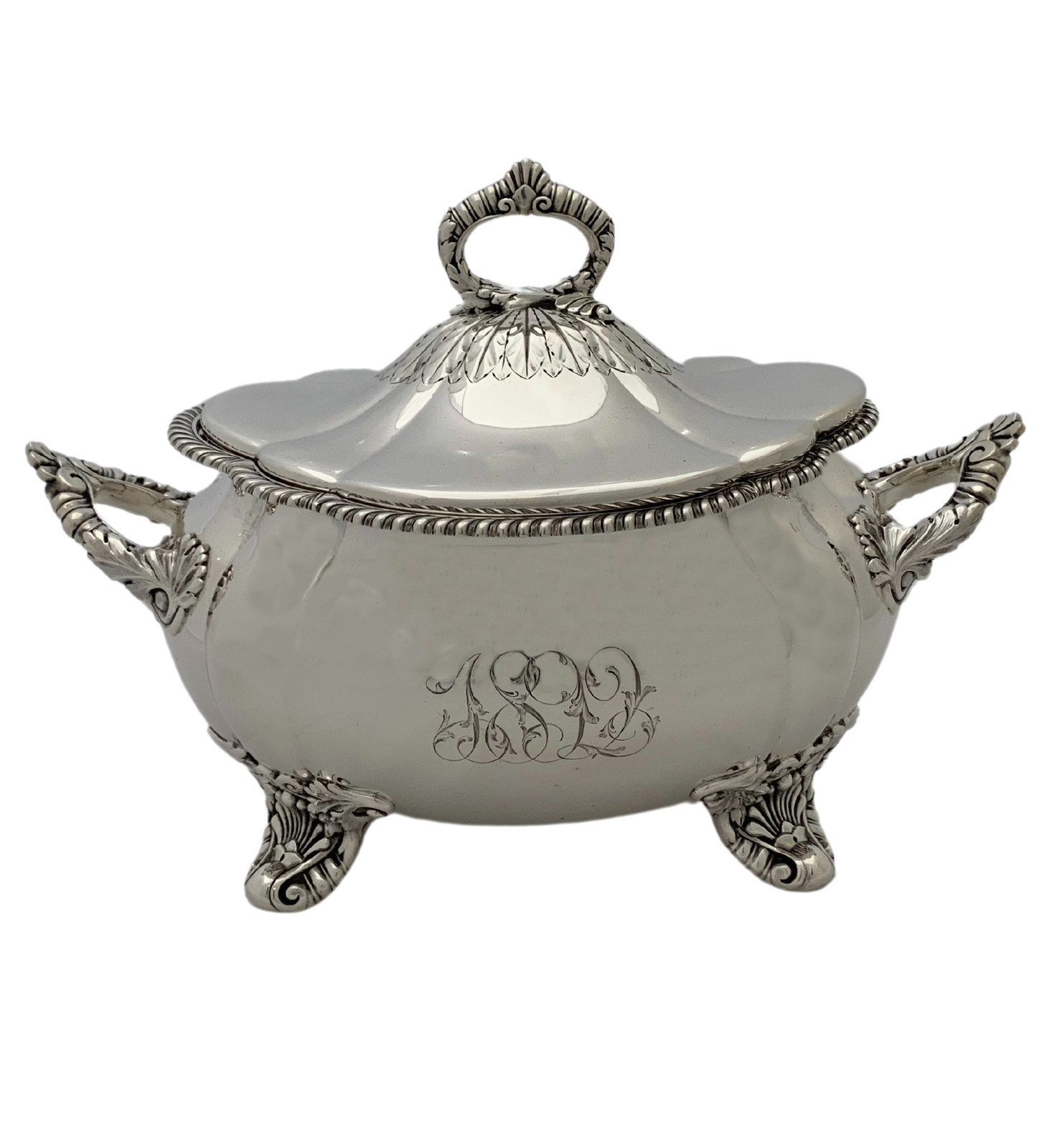 ANTIQUE 1892 GORHAM 925 STERLING SILVER HANDMADE MONOGRAMMED ORNATE OVAL TUREEN ANTIQUE 1892 GORHAM 925 STERLING SILVER HANDMADE MONOGRAMMED ORNATE OVAL TUREEN