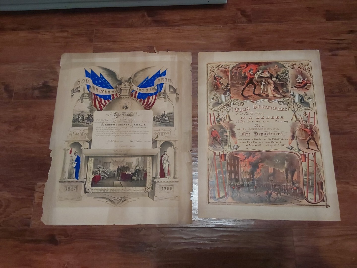 Lebanon PA 2 1870s Certificates Currier & Ives Fire Fighter & Sons of America