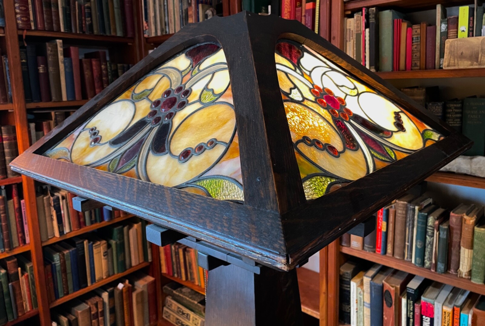 Rare Stickley Mission Oak Leaded Art Glass Floor Lamp Nouveau Arts Crafts c1910