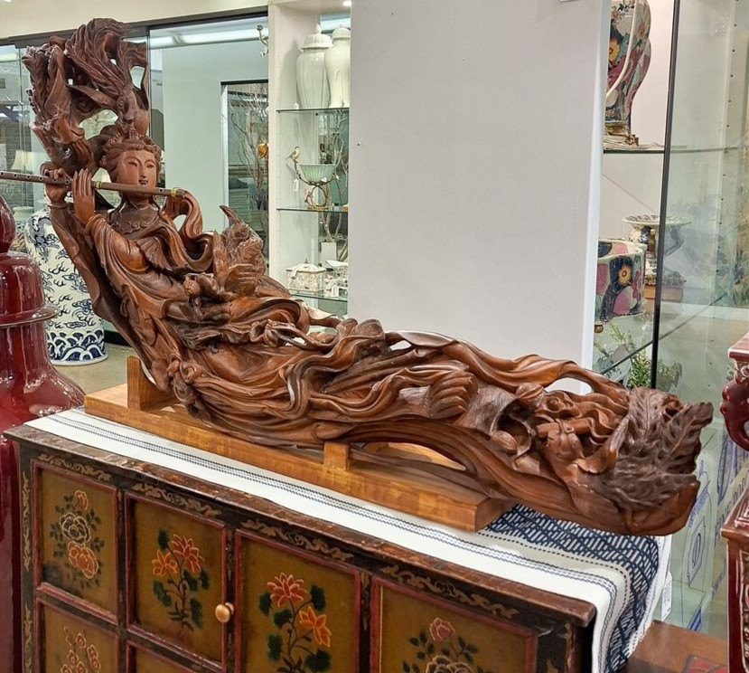 Antique Rare Chinese Wood Carving Fairy Maiden Statue Sculpture-48'' X 31''H Antique Rare Chinese Wood Carving Fairy Maiden Statue Sculpture-48'' X 31''H