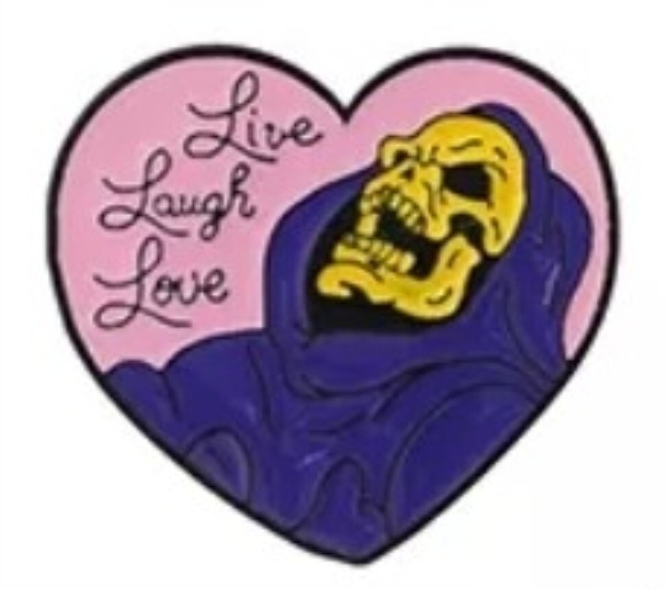 Skeletor Live Laugh Love Pink Heart Enamel Pin Masters of the Universe MOTU Skeletor Live Laugh Love Pink Heart Enamel Pin Masters of the Universe MOTU