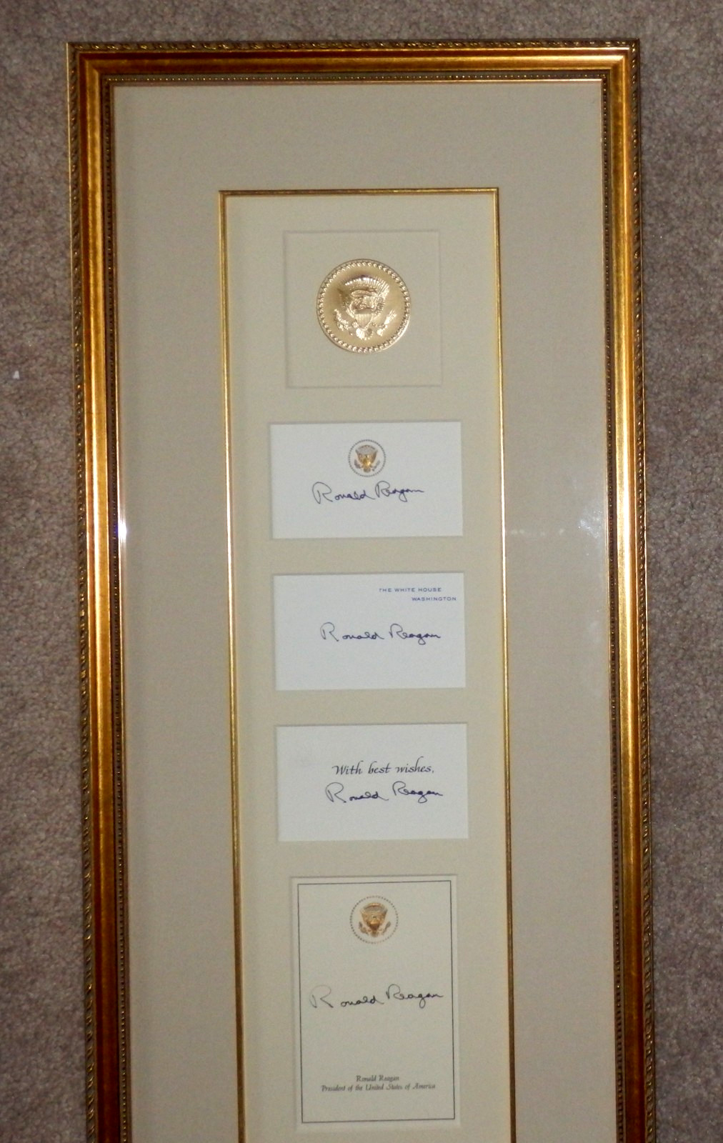 PRESIDENT REAGAN RARE SIGNED 4 DIFFERENT WHITE HOUSE CARDS. WITH AUTHENTICATION.