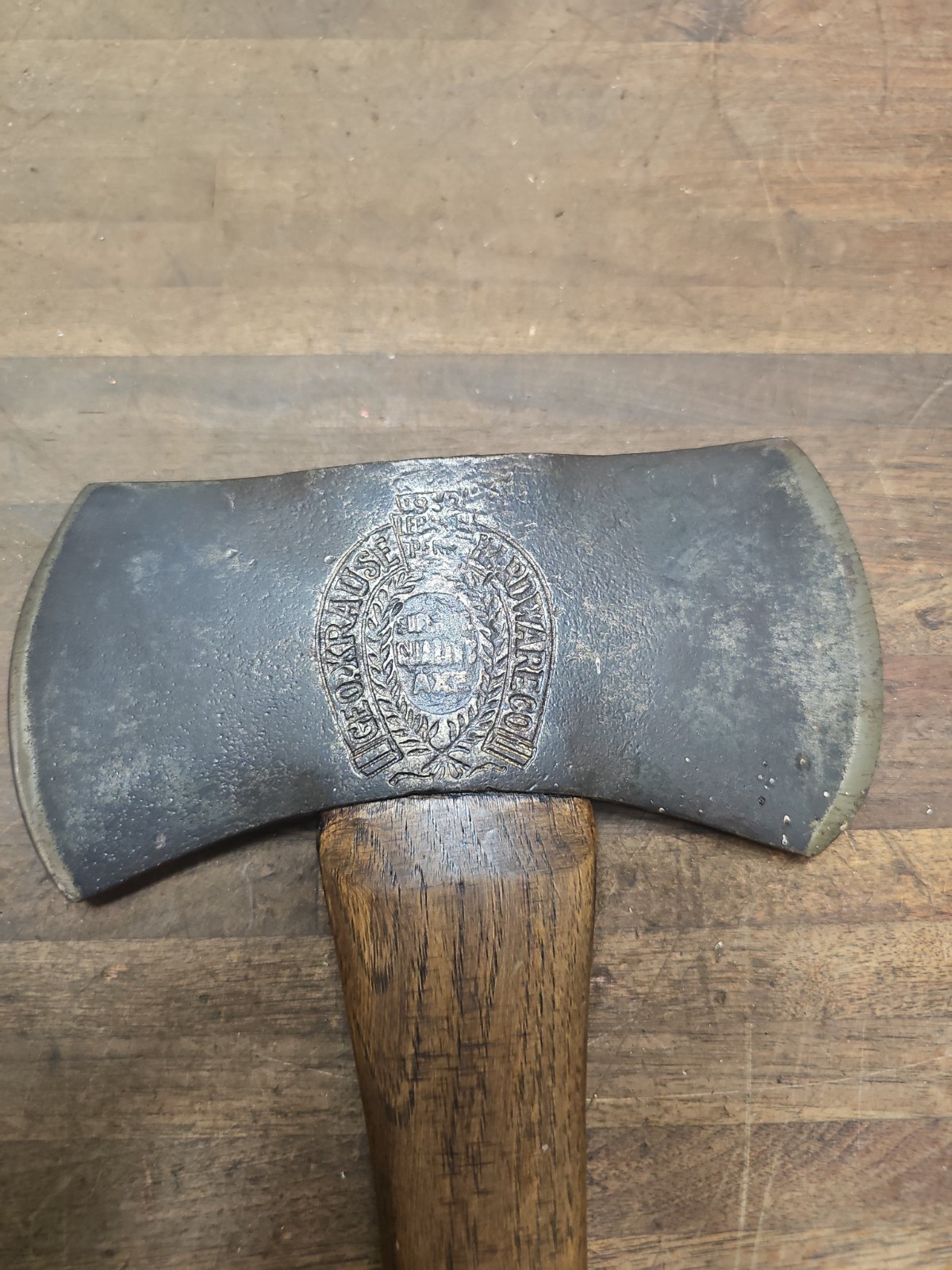 R81-RARE antique embossed GEORGE KRAUSE HARDWARE Lebanon Pa small double bit axe