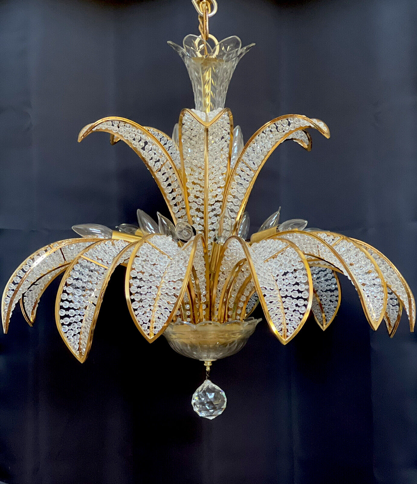 Exquisite Vintage Art Deco Crystal Beaded Palm Frond Chandelier 18 Light 2 Tier