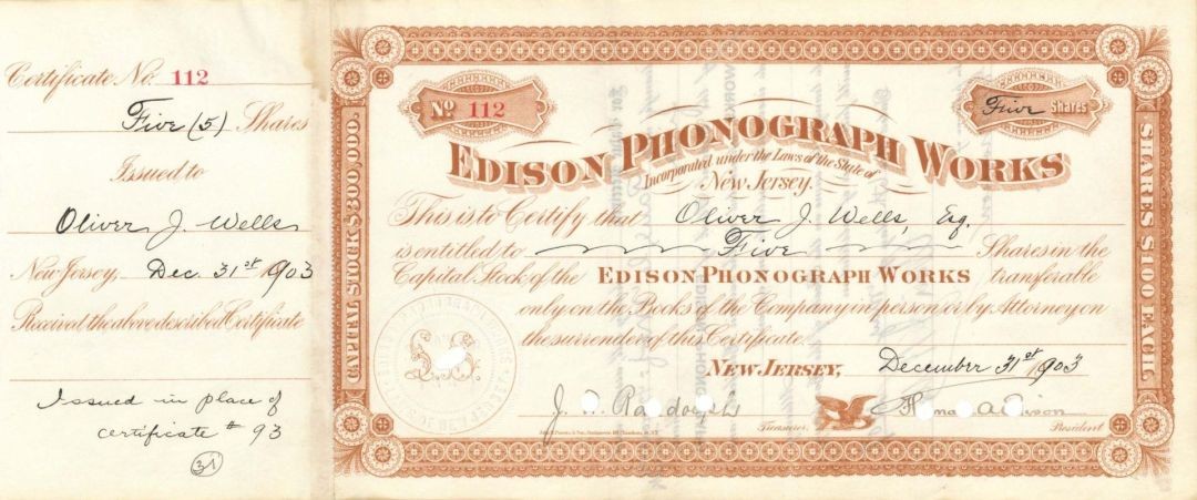 Edison Phonograph Works signed by Thomas A. Edison - 1903, 1904 or 1907 dated Edison Phonograph Works signed by Thomas A. Edison - 1903, 1904 or 1907 dated