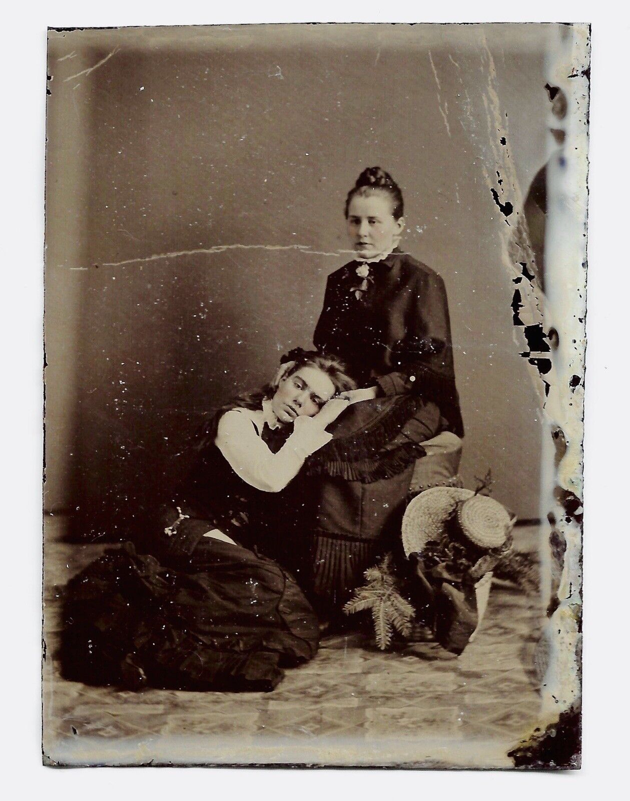 Tintype Mother & Daughter Post Mortem Victorian Mourning Two Young Women Tinted