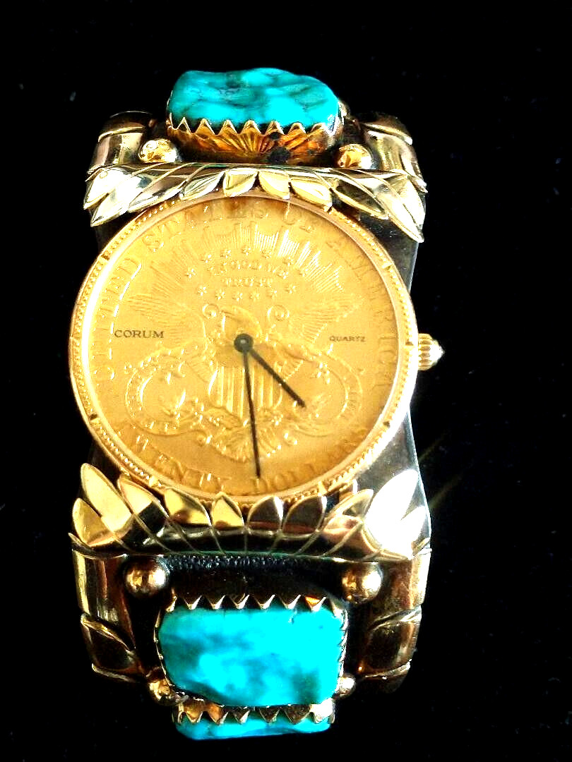 Vintage Zuni Turquoise Watch Cuff  Artist Signed 14k 24k 20 dollar  corum  watch