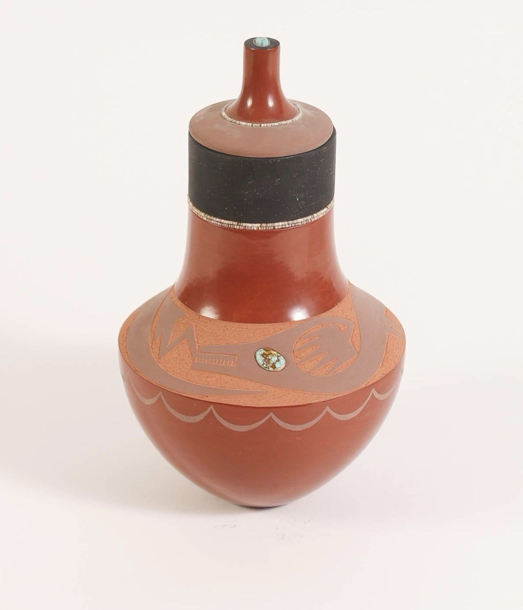 Russell Sanchez San Ildefonso Turquoise inlaid Redware Jar and Cover