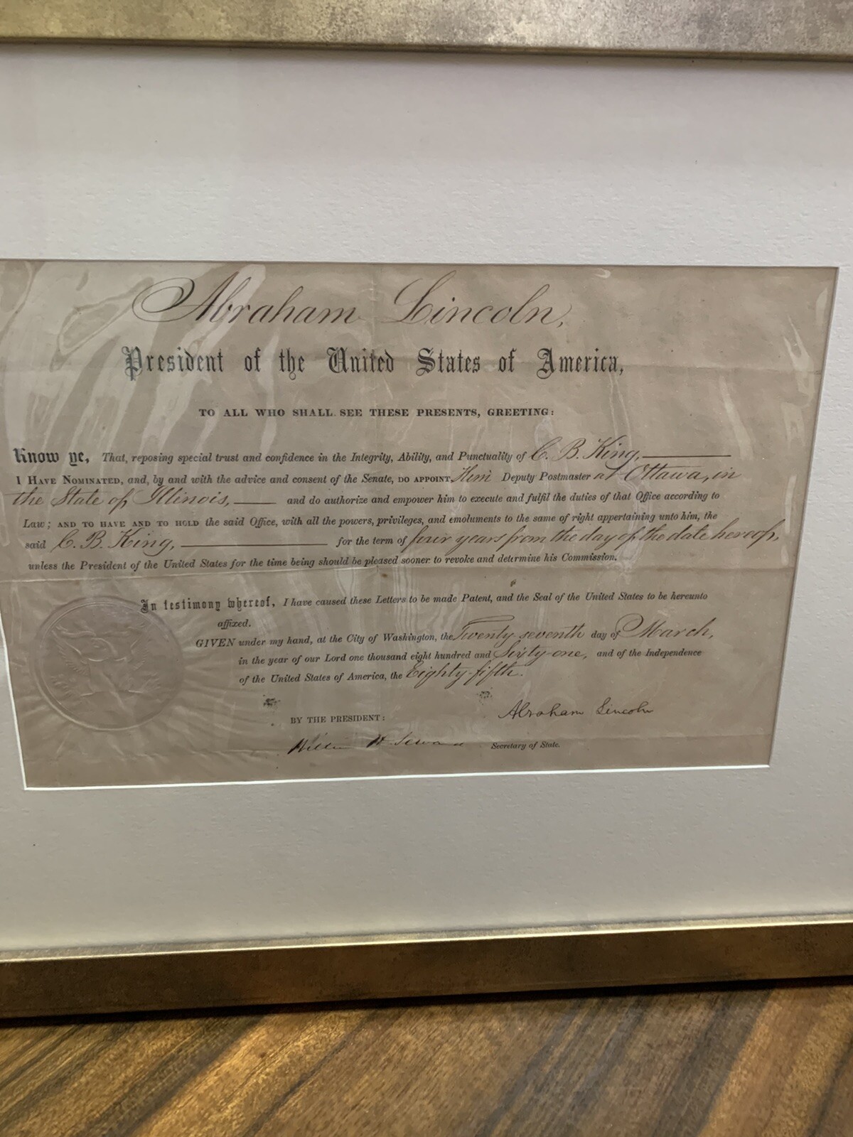 Pres. Abraham Lincoln Appointment Dep. Postmaster March 27, 1861 PSA Authentic Pres. Abraham Lincoln Appointment Dep. Postmaster March 27, 1861 PSA Authentic