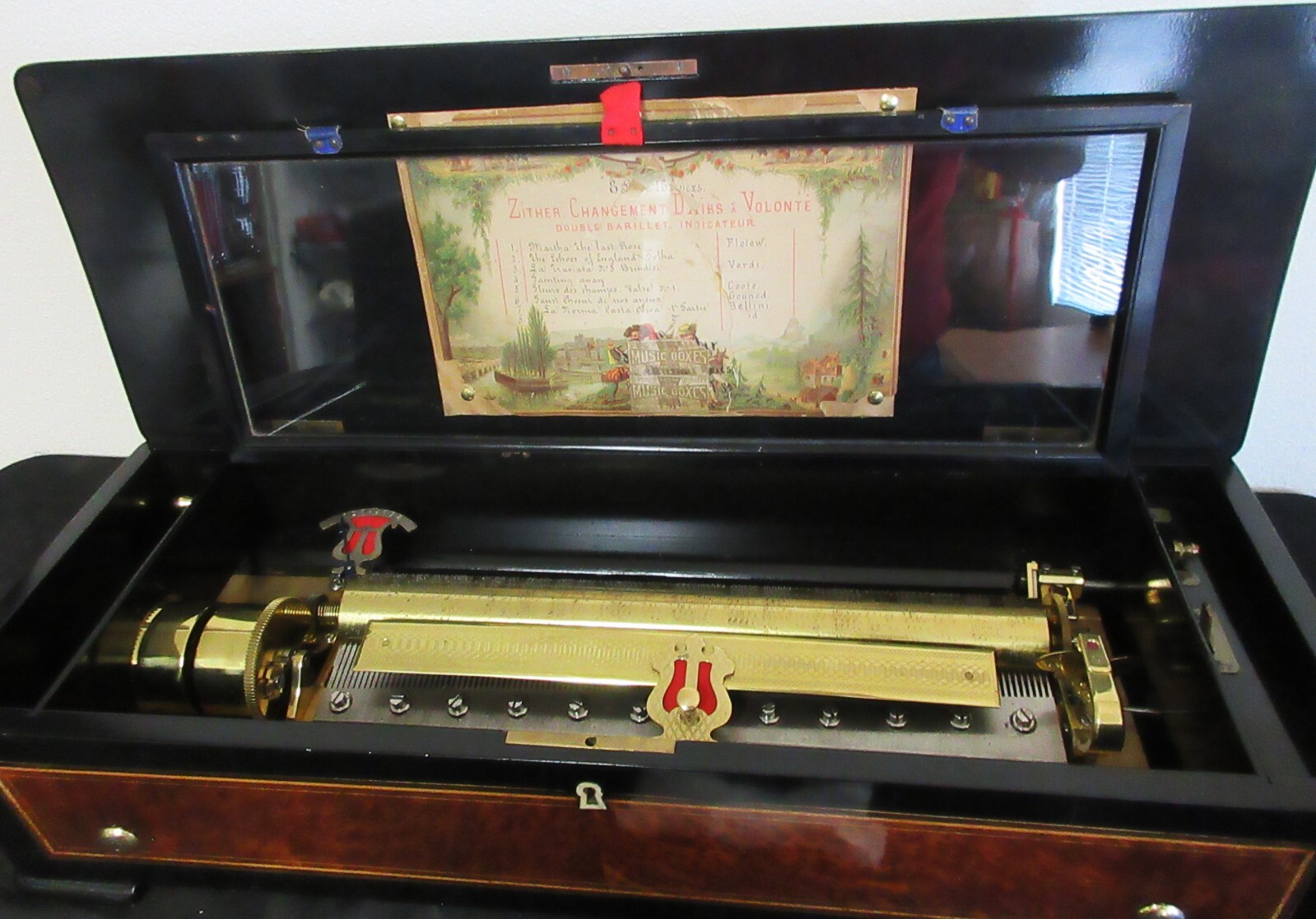 19th Century Swiss Inlaid Walnut Cylinder Zither Music Box 8 Songs 19th Century Swiss Inlaid Walnut Cylinder Zither Music Box 8 Songs