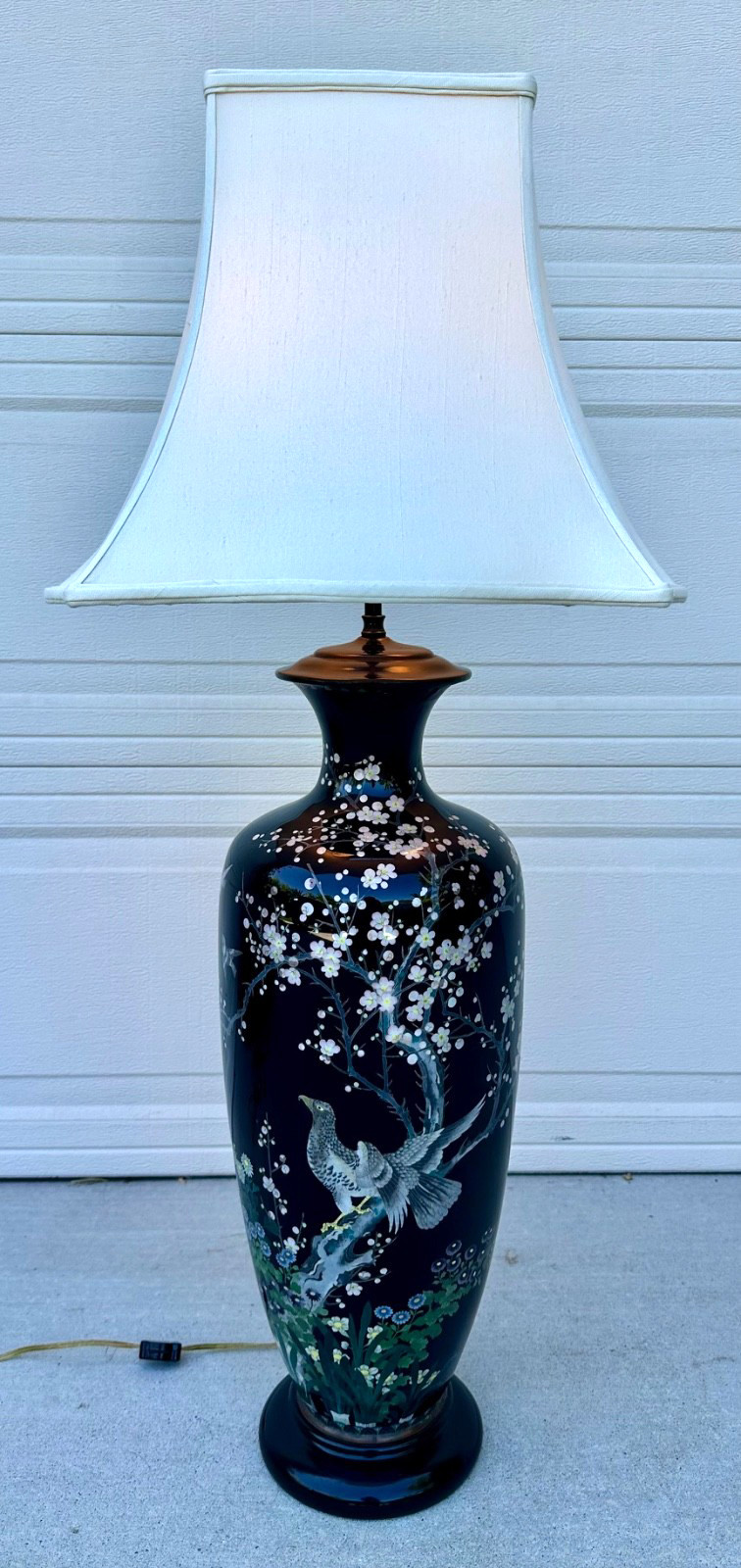 Huge Meiji Japanese Cloisonné Black Ground Bird & Blossom Tall Table Lamp 40 Huge Meiji Japanese Cloisonné Black Ground Bird & Blossom Tall Table Lamp 40