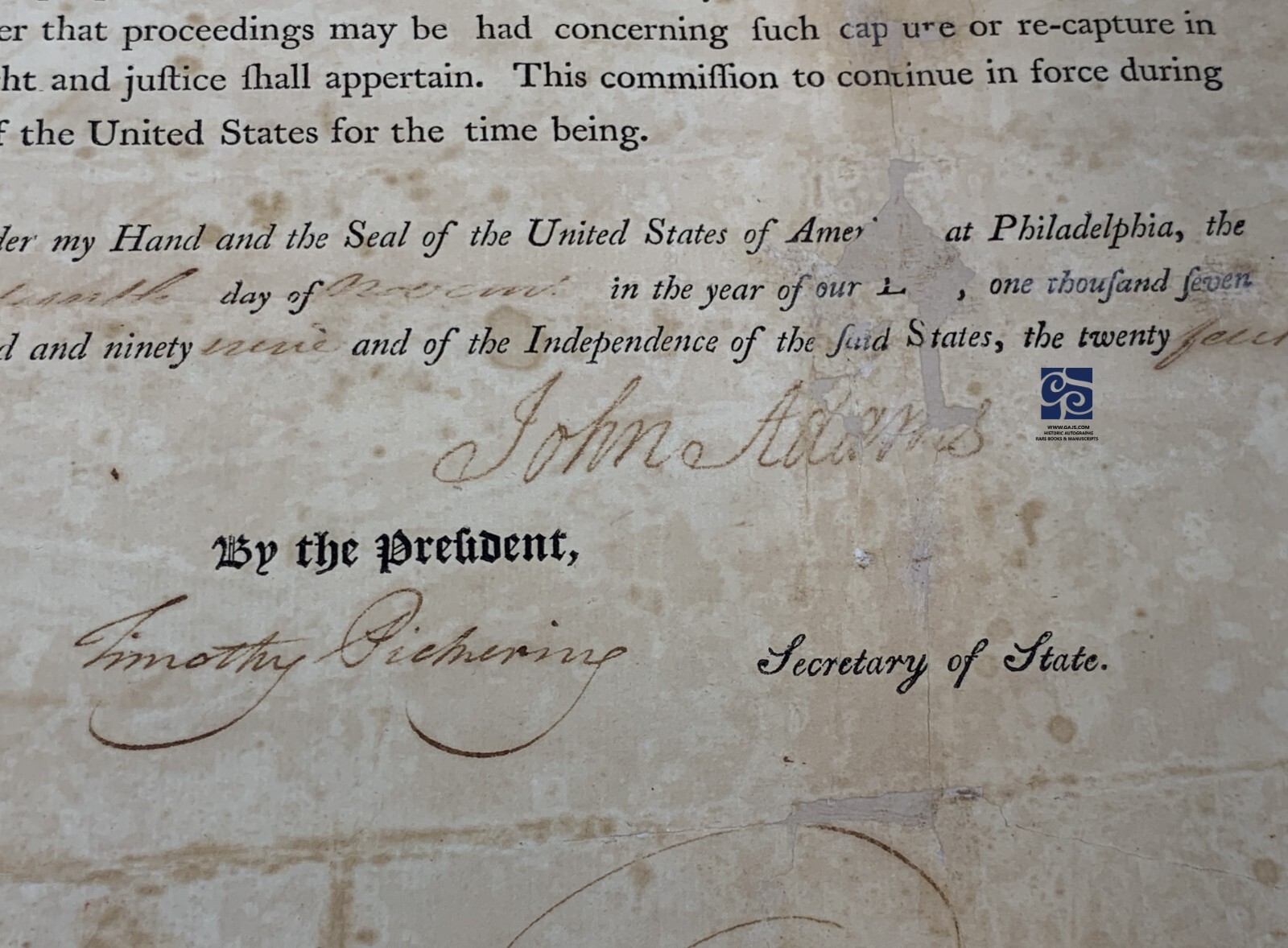JOHN ADAMS  EXCEEDINGLY-RARE PRIVATEER’S COMMISSION SIGNED QUASI-WAR FRANCE 1799