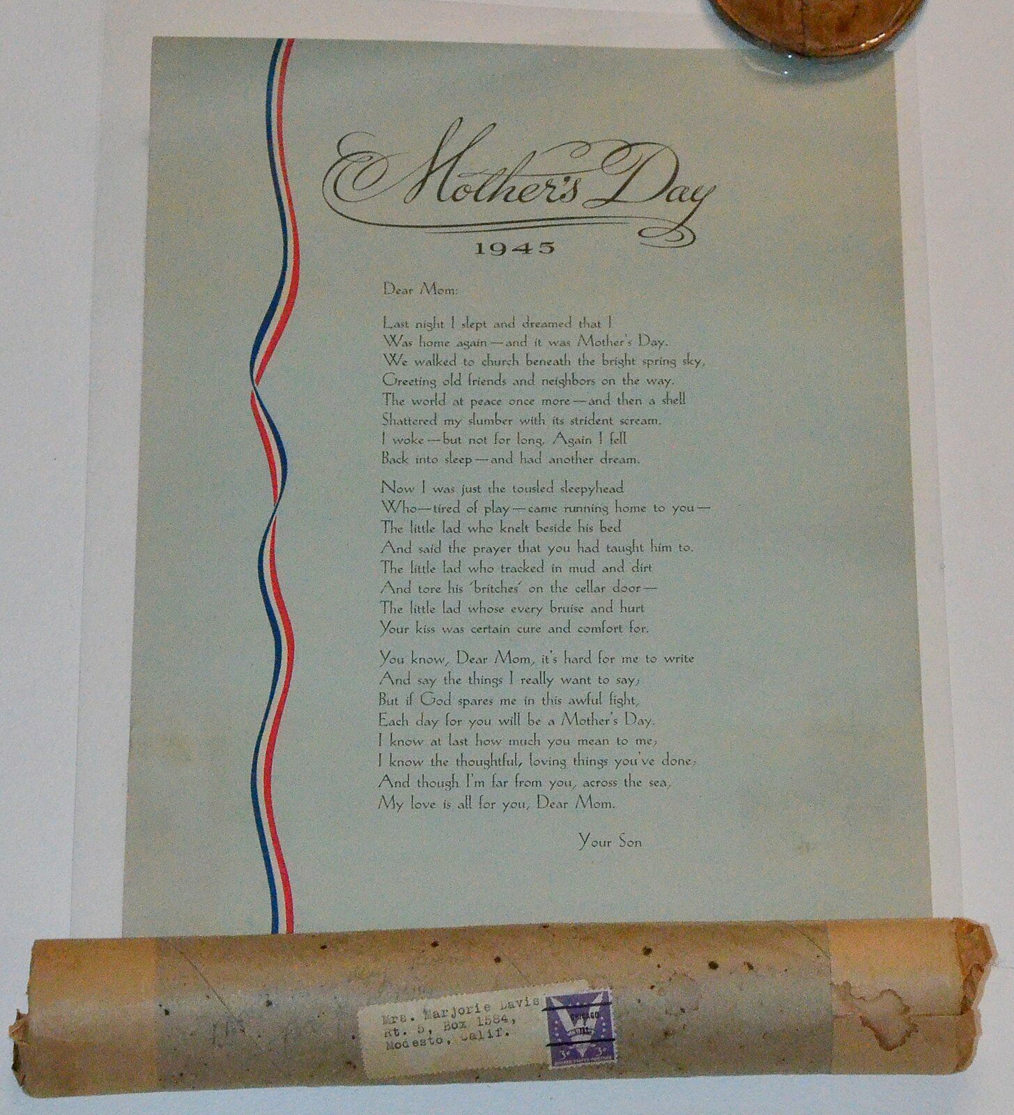 MOTHERS DAY 1945 ORIGINAL POEM FROM A SOLDIER SON KC BAKING POWDER PROMO w/ TUBE