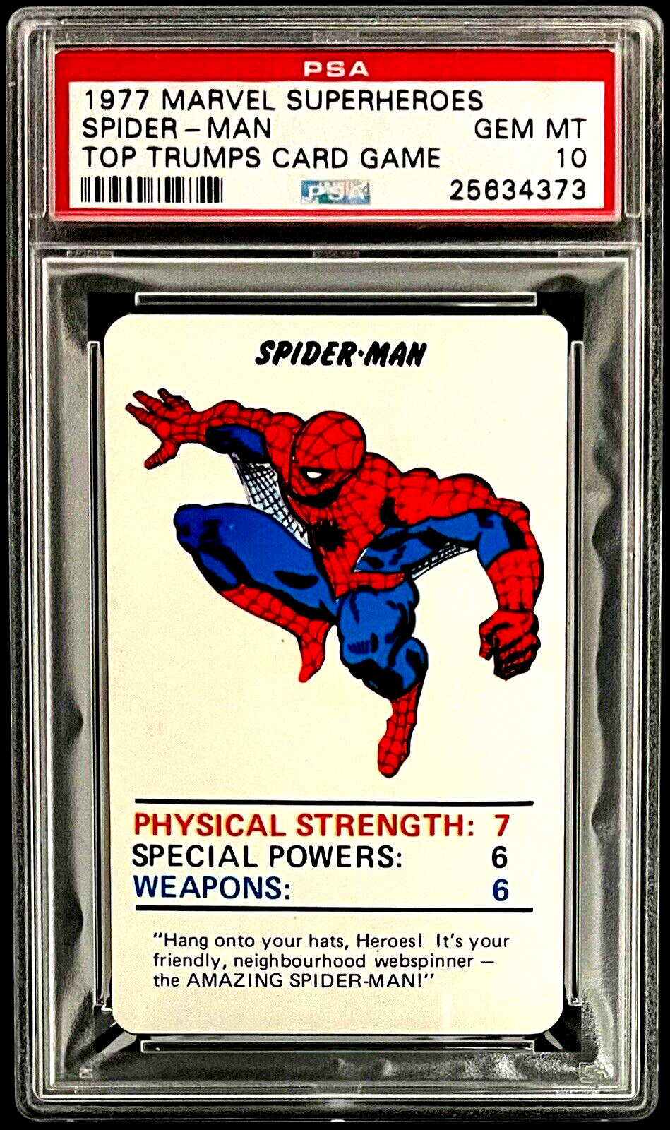 1977 Marvel Superheroes SPIDER MAN Top Trumps Card Game PSA 10 GEM MINT POP 1 1977 Marvel Superheroes SPIDER MAN Top Trumps Card Game PSA 10 GEM MINT POP 1