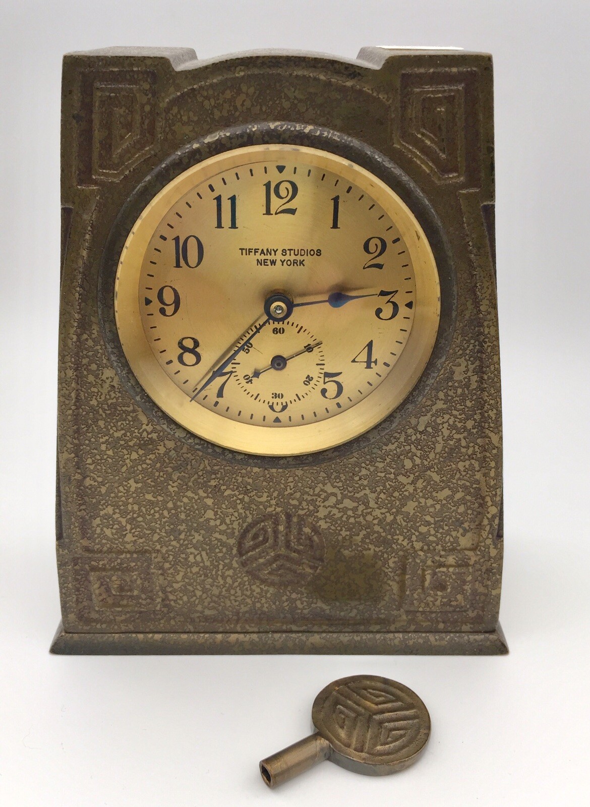 Tiffany Studios ~ BRONZE CLOCK & KEY ~ Greek Key Design #1121 Desk Clock