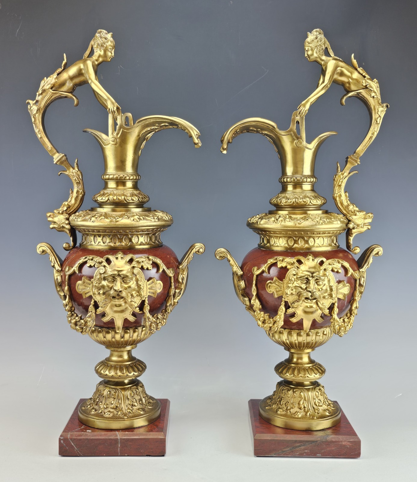 Gorgeous Lrg 19C French Pair Rouge Marble Gilt Bronze Ewers Napoleon III Gorgeous Lrg 19C French Pair Rouge Marble Gilt Bronze Ewers Napoleon III