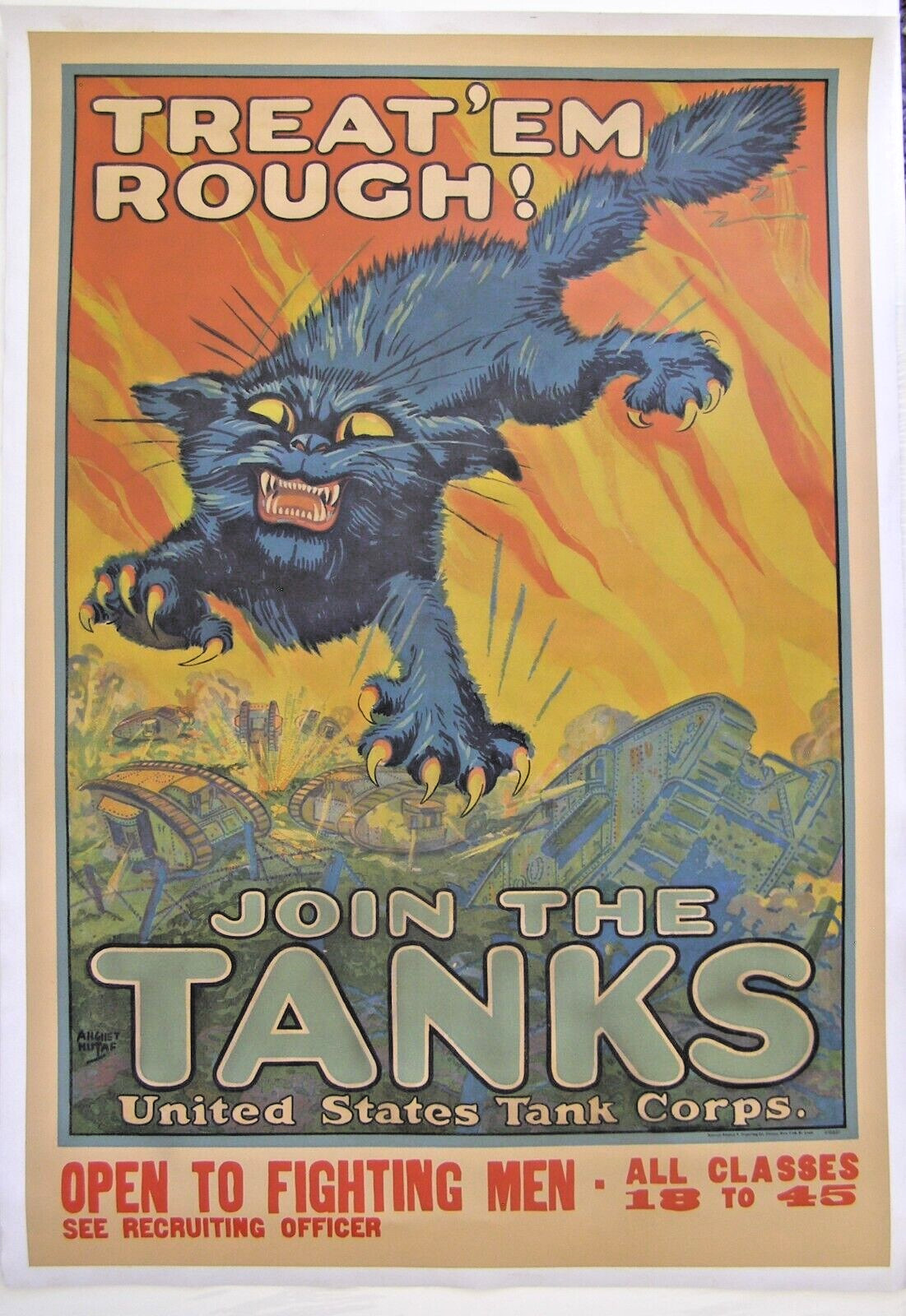Treat 'em Rough, Join the Tanks - Original Poster by August William Hutaf, 1918 Treat 'em Rough, Join the Tanks - Original Poster by August William Hutaf, 1918