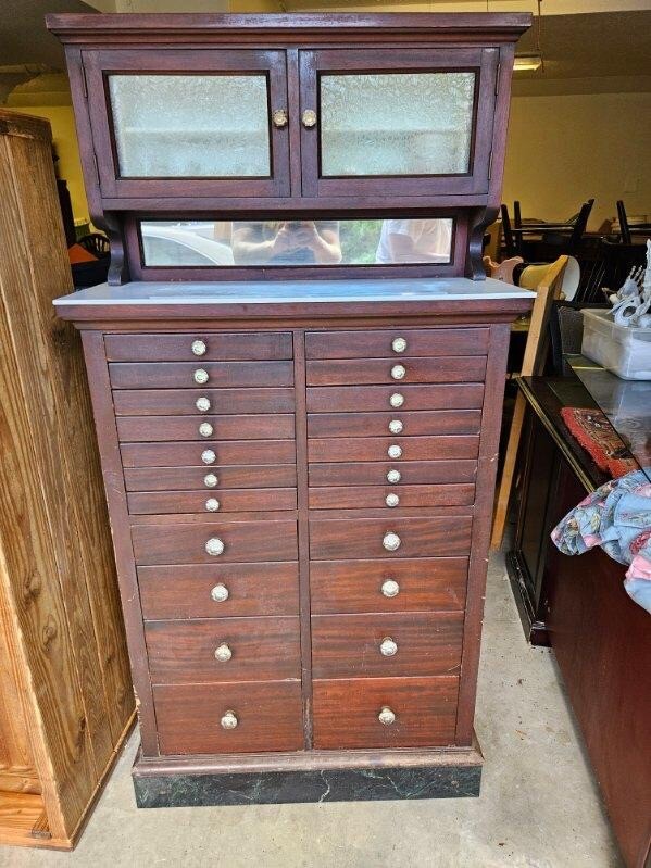 Antique 1920s Dental Storage Cabinet with Original Tools and Trays Medical Oak