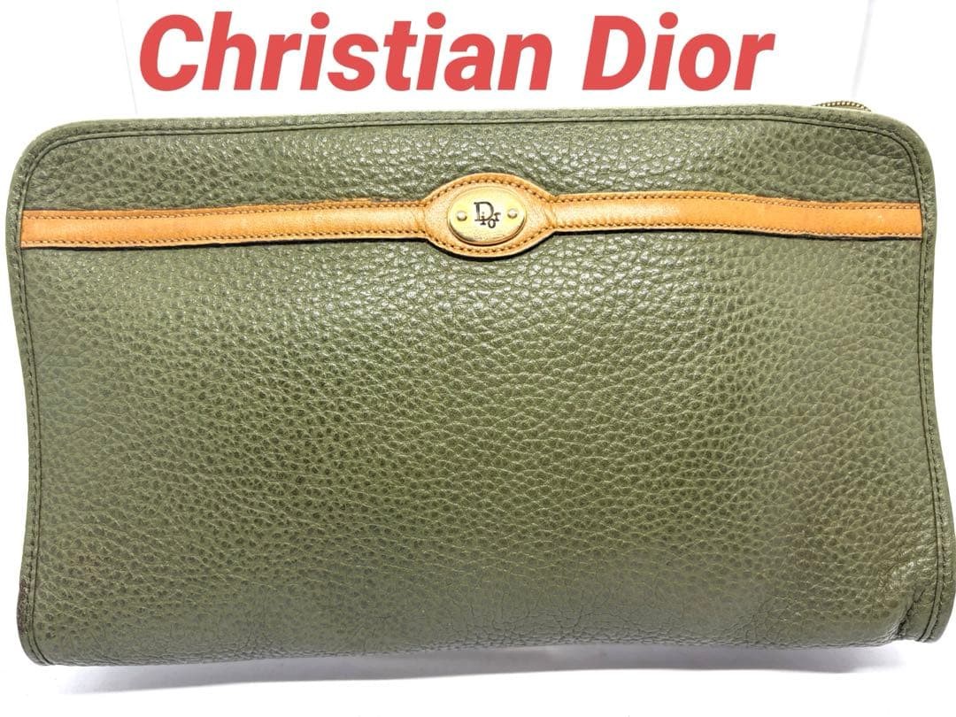 Christian Dior Clutch Bag Leather Olive Tone Plate Women's Unisex Christian Dior Clutch Bag Leather Olive Tone Plate Women's Unisex
