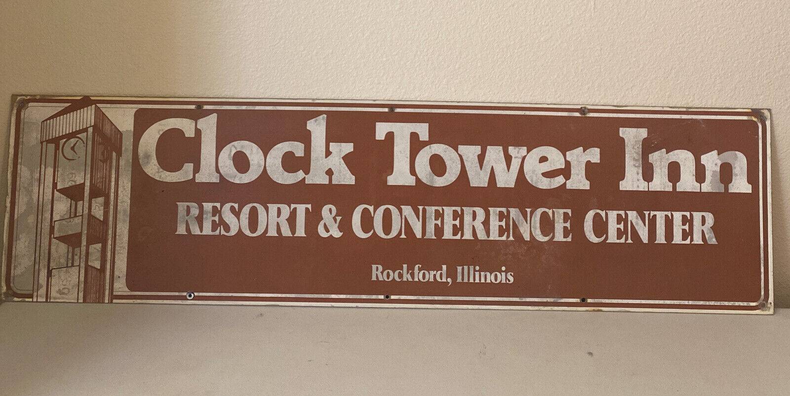 Vintage Original (1968) Clock Tower Inn Resort Metal Sign Rockford, Illinois