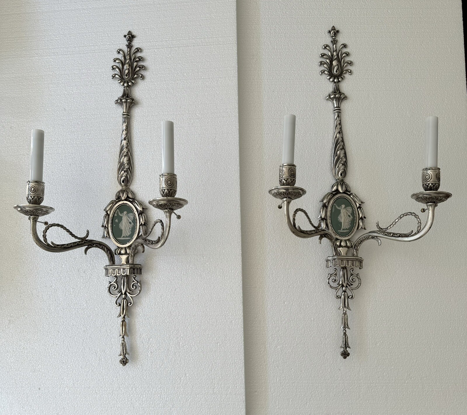PAIR Wedgwood Antique French Neoclassical Wall Sconces Silver-plate PALATIAL 28” PAIR Wedgwood Antique French Neoclassical Wall Sconces Silver-plate PALATIAL 28”