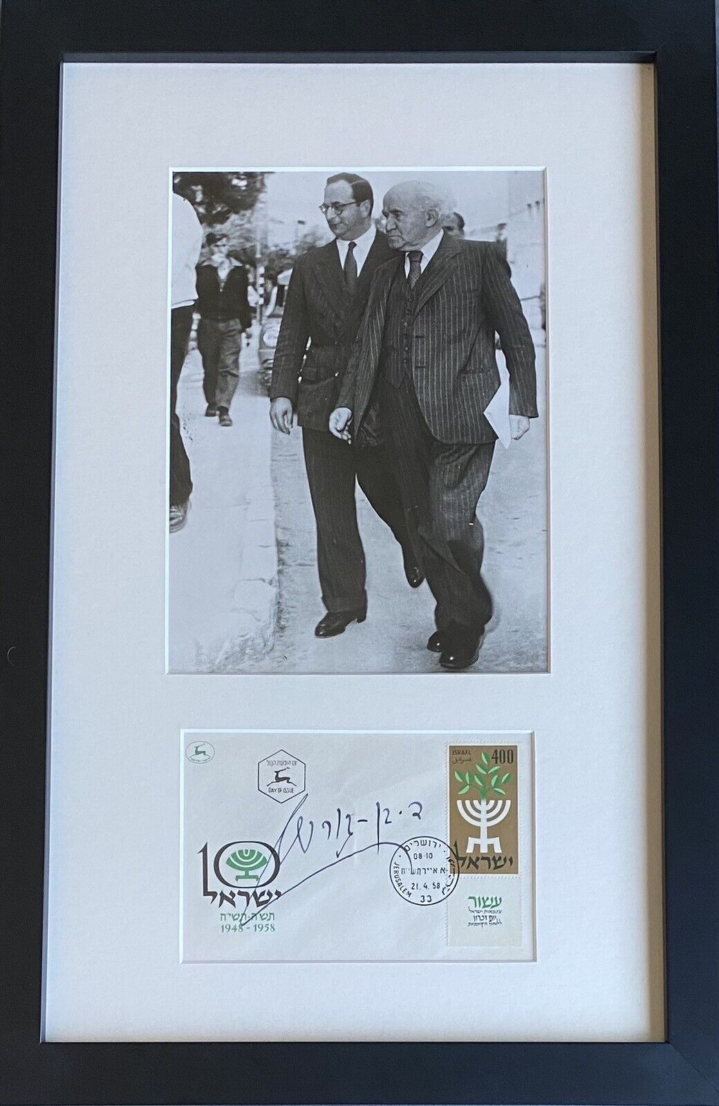 David Ben-Gurion Signed Display With 1958 Press Photograph-In Conservation Glass