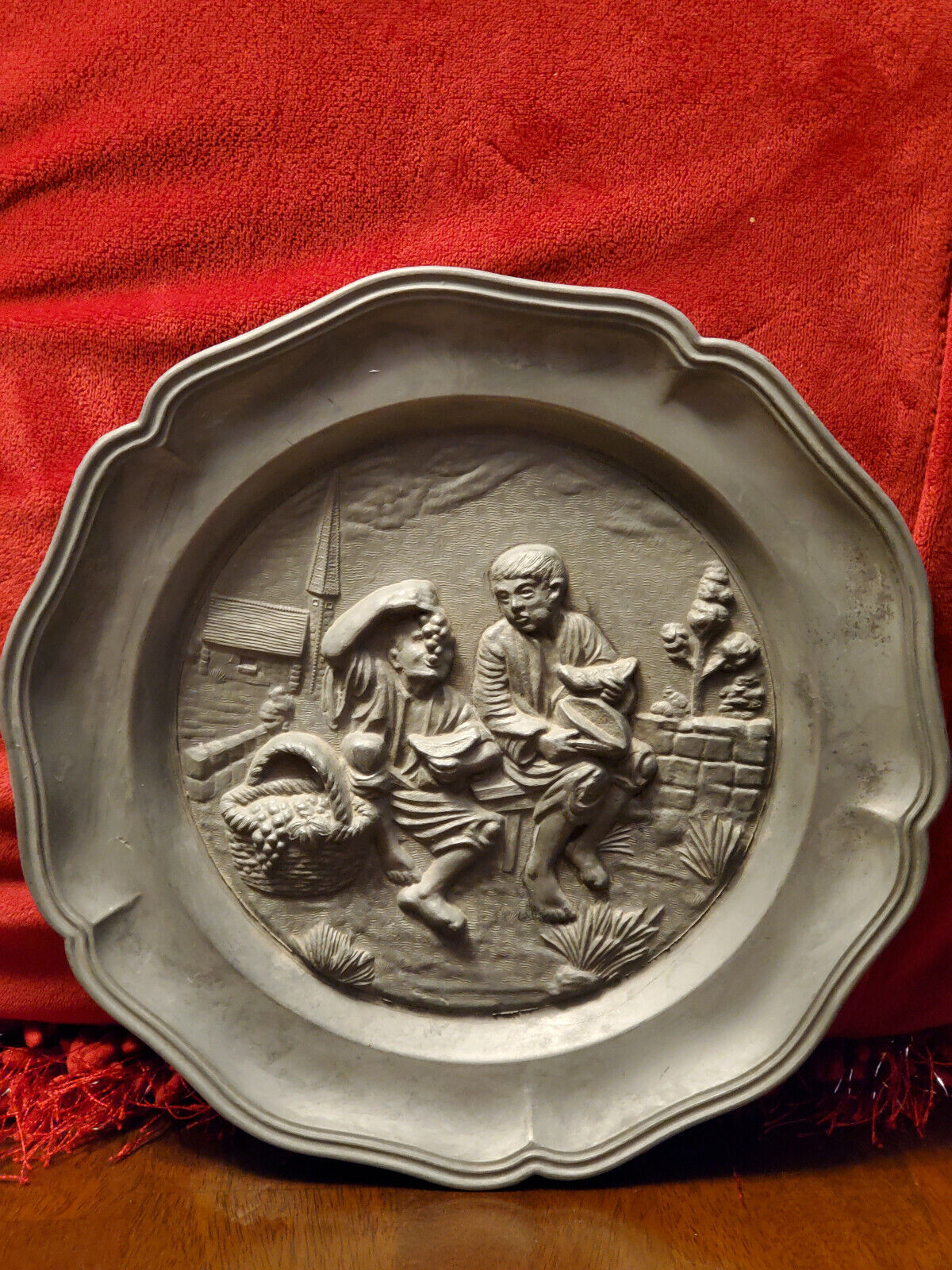 Vintage French Pewter Embossed Plate Metal Wall Hanging Relief Bowl Home Decor