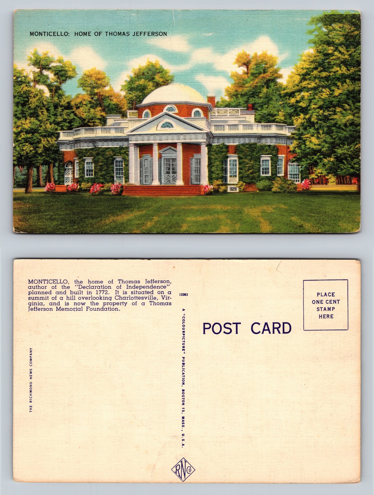 Monticello Home of Thomas Jefferson Vintage Postcard Unique Design Picture Card