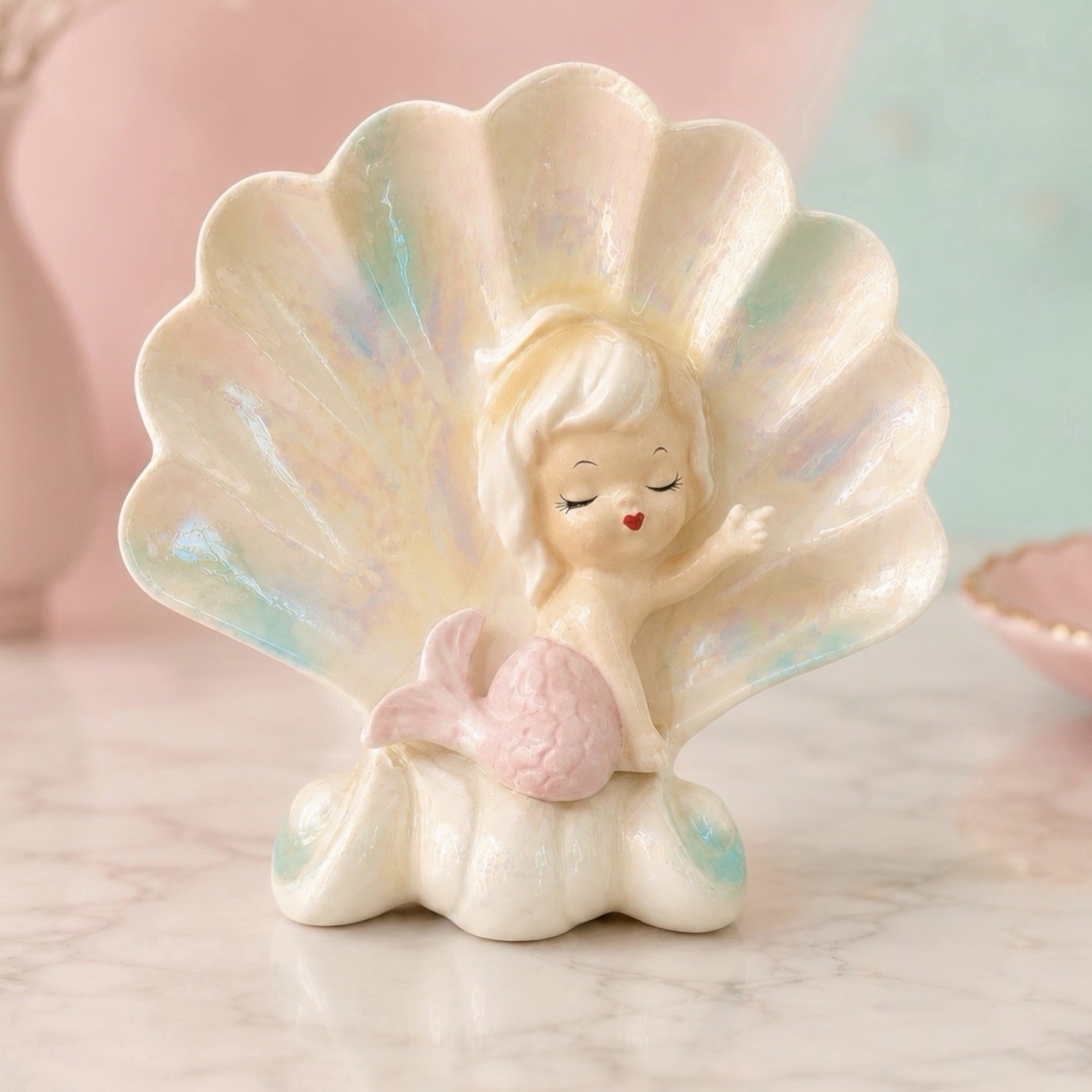 Vintage Norcrest Mermaid Wall Plaque  Pink Shell MCM Japan 1950s