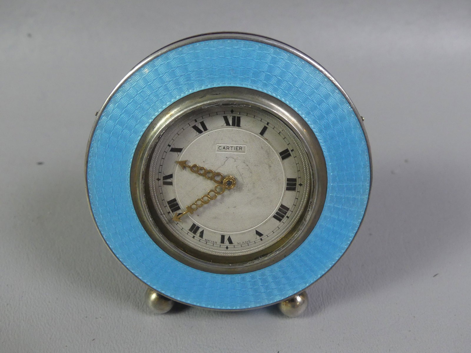 Cartier Art Deco Silver Blue Guilloche Enamel Desk Clock 8 Day EW&C Co Swiss Key Cartier Art Deco Silver Blue Guilloche Enamel Desk Clock 8 Day EW&C Co Swiss Key