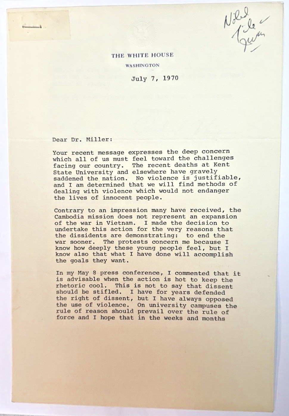 Richard Nixon 1970 Typed Letter Signed as President - Kent & Vietnam War Content