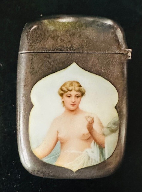 Important Rare Gorham erotica risque enamel nouveau match safe vesta ca 1895 Important Rare Gorham erotica risque enamel nouveau match safe vesta ca 1895